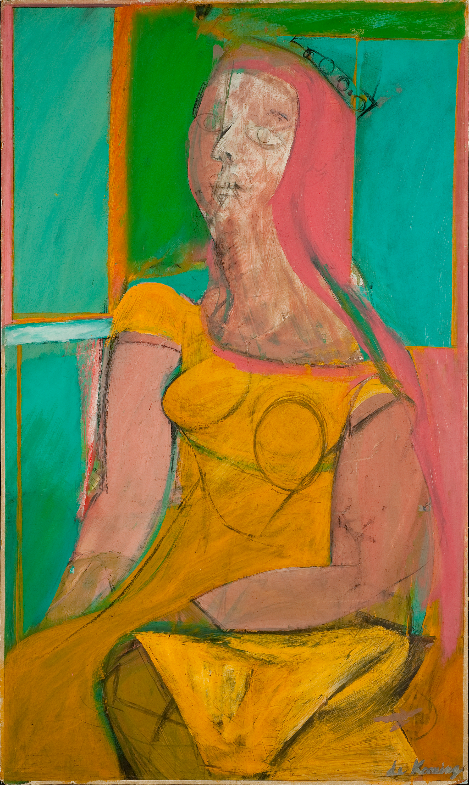A bright abstract painting shows an adult with light skin at center in a yellow dress, head blurred, seated with bent arms against large teal and green blocks; at left a teal panel with pale trim; at top right a slanted row of small black circles.