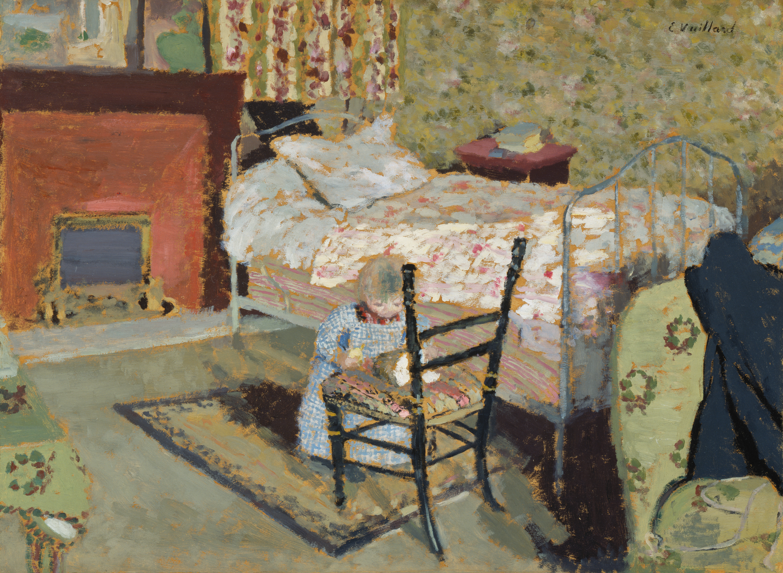 A painting in earthy tones, sage green, and muted red of a blond toddler playing with something set atop a chair in a tastefully decorated room—all floral wallpaper and upholstery.
