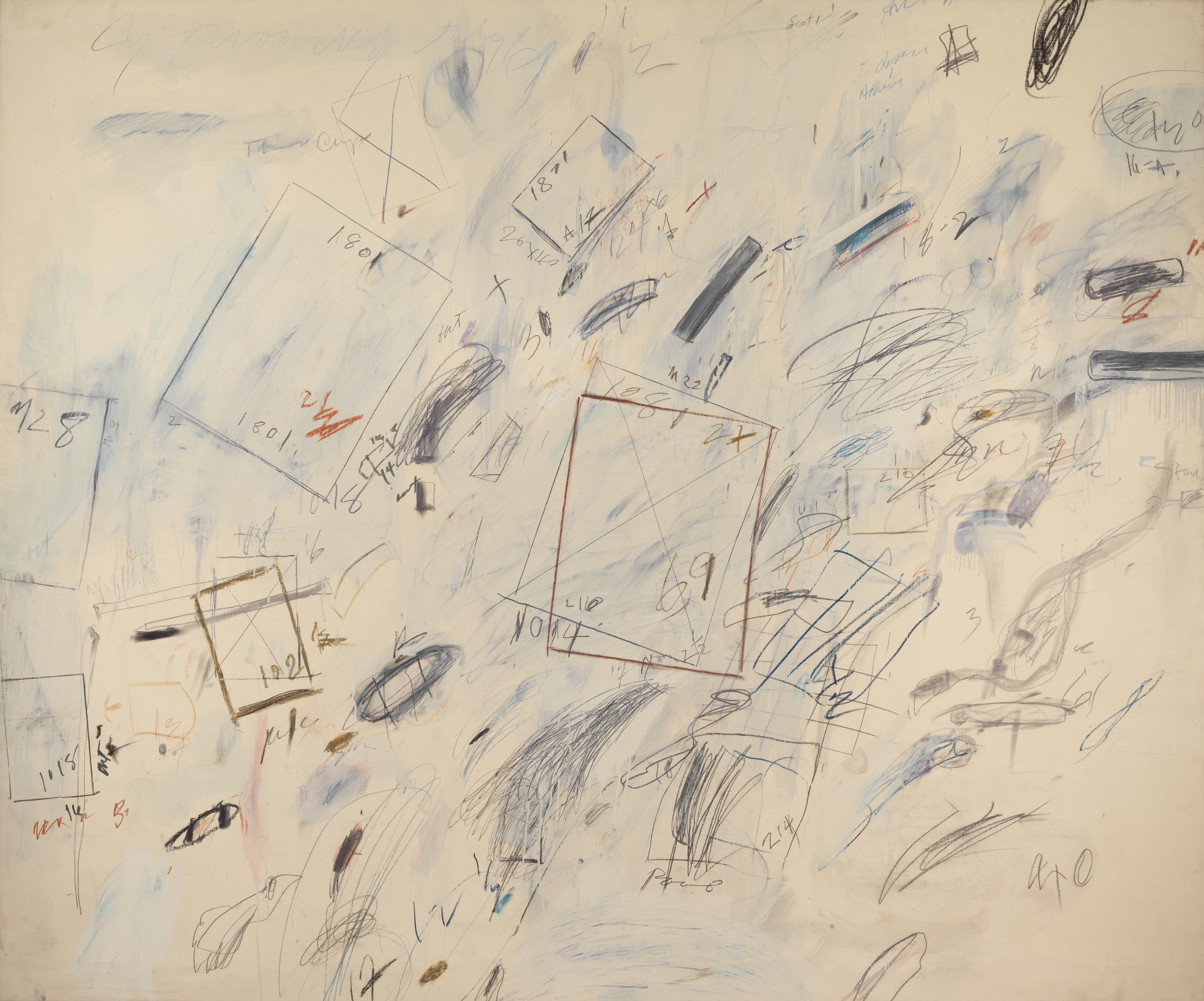 An abstract painting on a cream background of squiggles of gray and rectangular forms with numbers on them that suggest sheets of paper. Everything buzzes about as though in a windstorm.