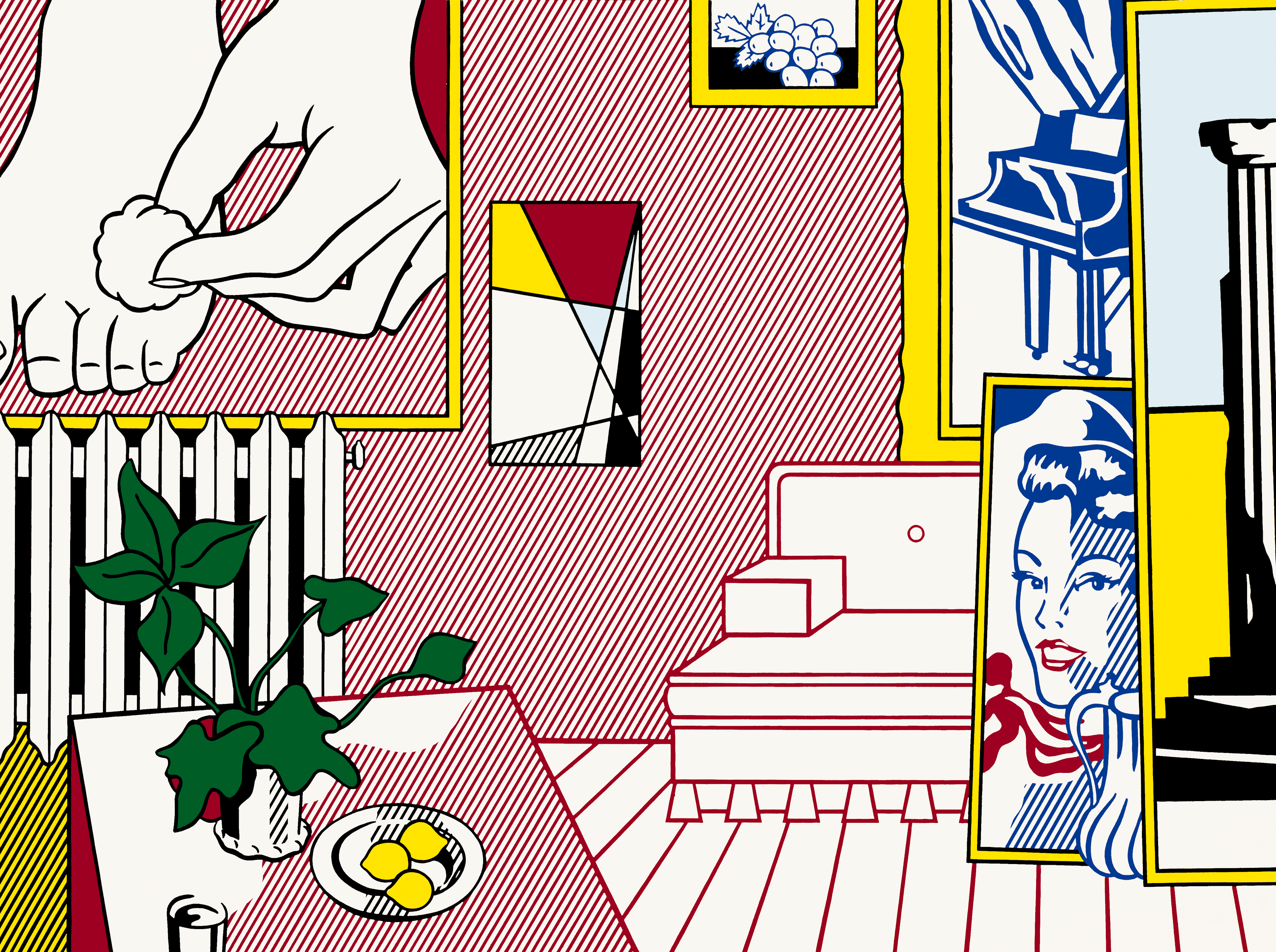A highly geometric Pop Art painting in primary colors with black depicting the interior of an artist's studio space, red walls and canvas surfaces indicated with diagonal red stripes. In the foreground is a table with lemons. At left, up on the wall, is a partial view of a painting of a hand applying a cotton ball to a foot. At left is a sofa, partially obscured by a painting of woman's face resting against it.