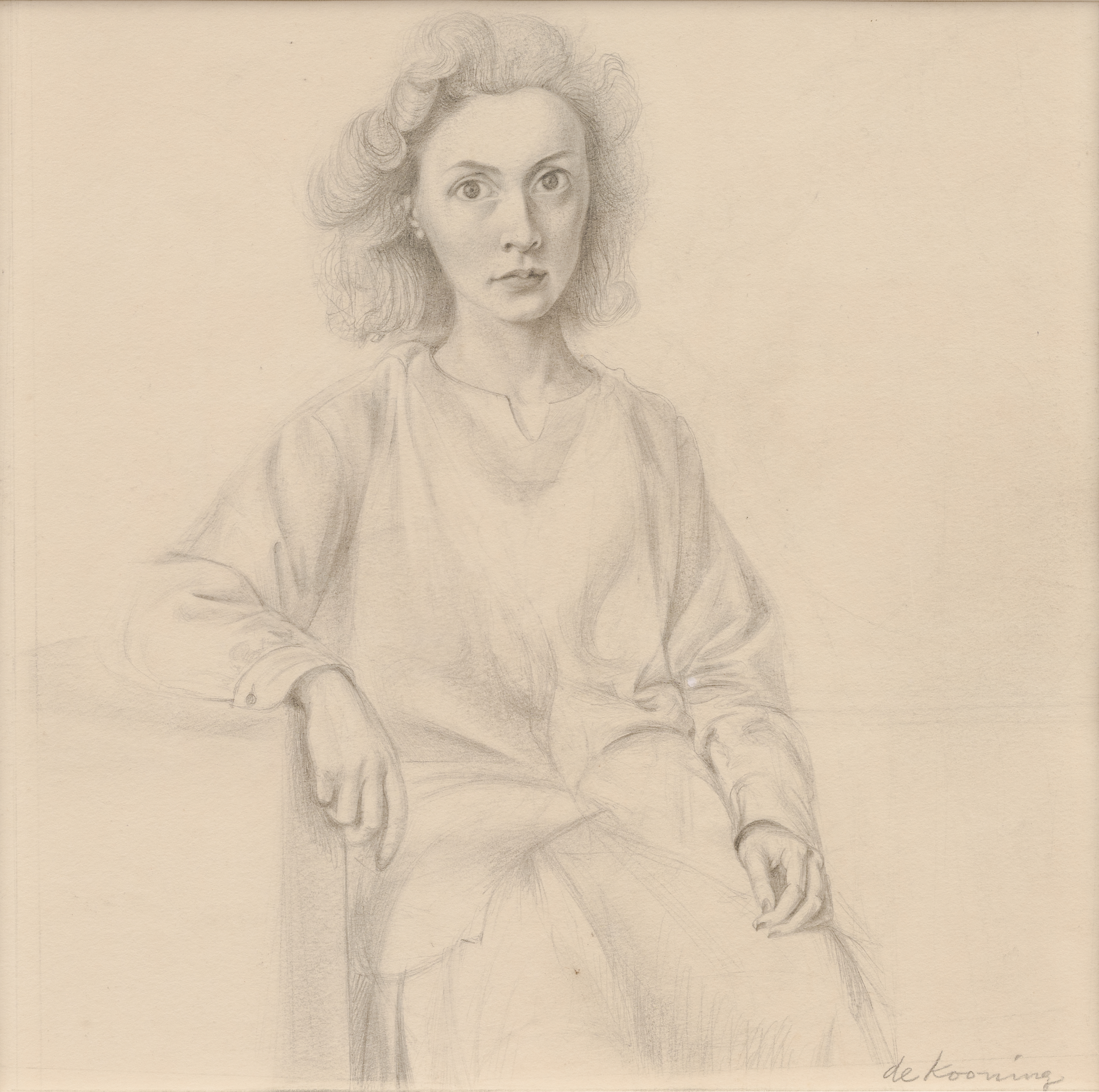 A pencil drawing shows, at center, a seated adult with wavy shoulder‑length hair and a gray block over the face, wearing a loose long‑sleeve top and skirt; at left an arm rests on a chair arm, and at right the other hand rests on the lap against beige paper.