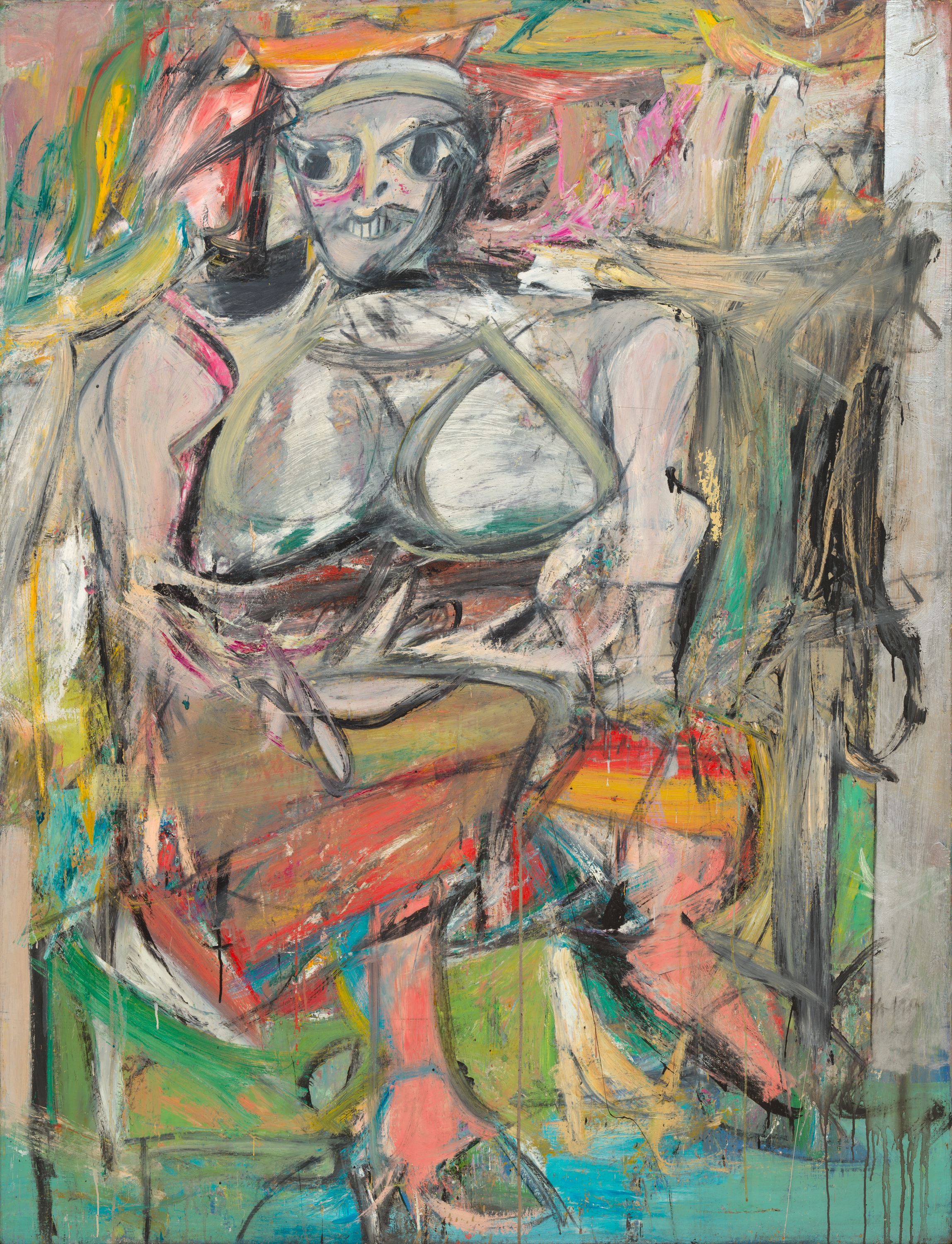 A colorful abstract painting shows an adult figure seated at center with a gray face, large dark eyes, a wide grin, and a pronounced chest; at left are pink and yellow swirls, at right tan and black streaks, with green, red, and blue patches across the lower half.