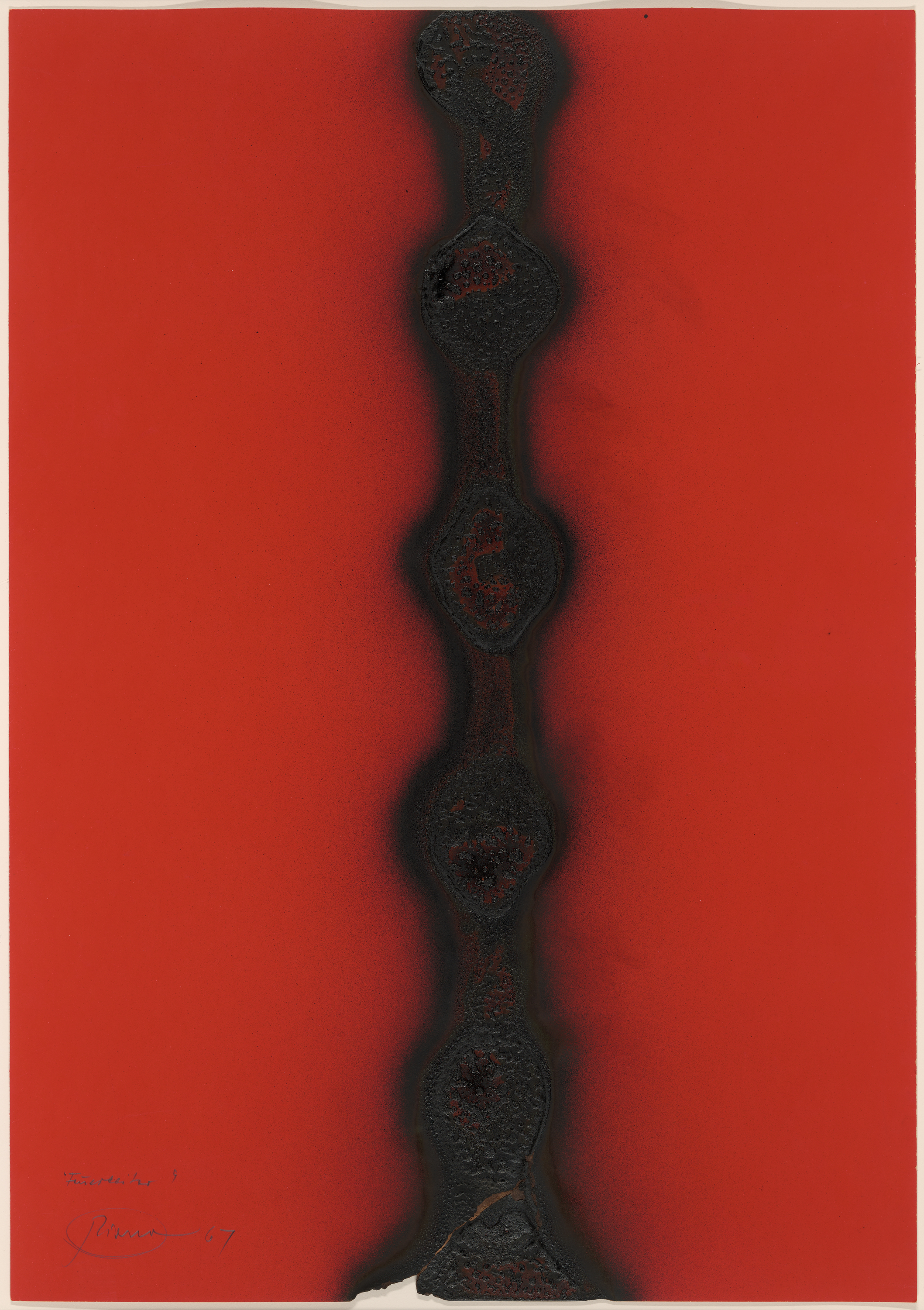 An abstract painting shows a vivid red field with a dominant, textured black vertical band at center, ringed by a soft dark halo and composed of linked oval bulges, while flat red expanses extend at left and right.