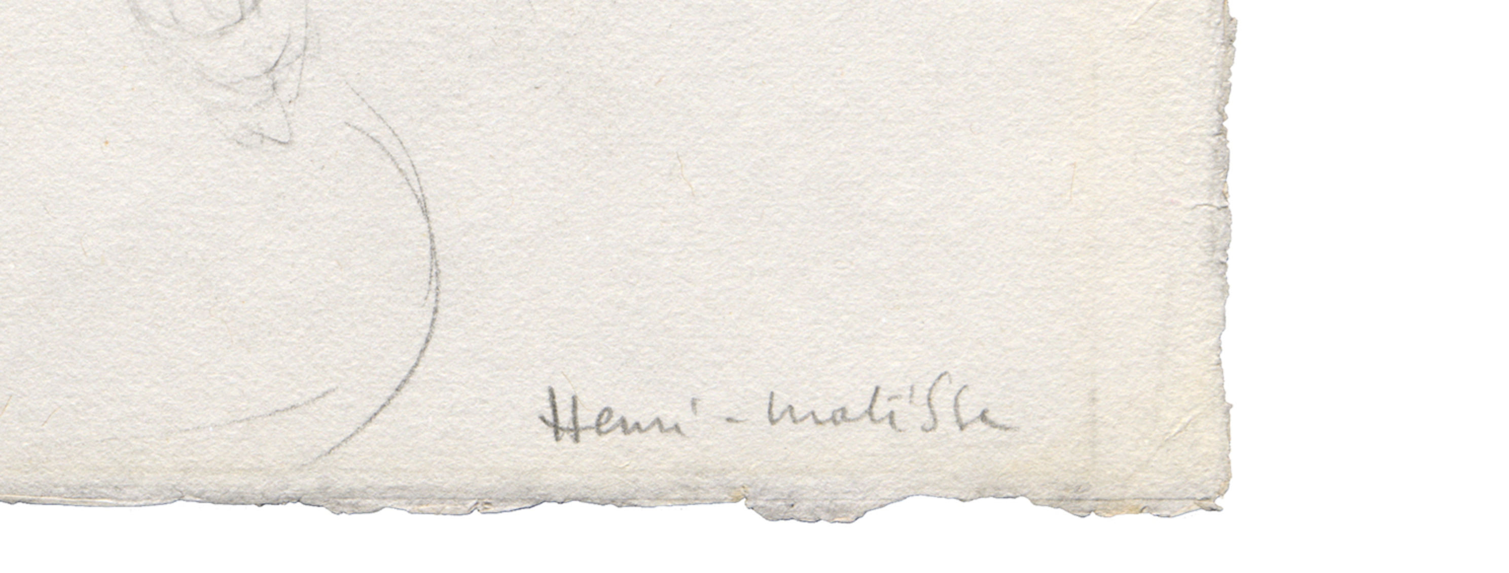 An off-white background fills the frame, with uneven edges along the bottom and right sides. Near the lower left, faint thin gray curved lines arc upward and occupy a small area. At the lower right, small gray handwritten text reads “Henri - matisse.”