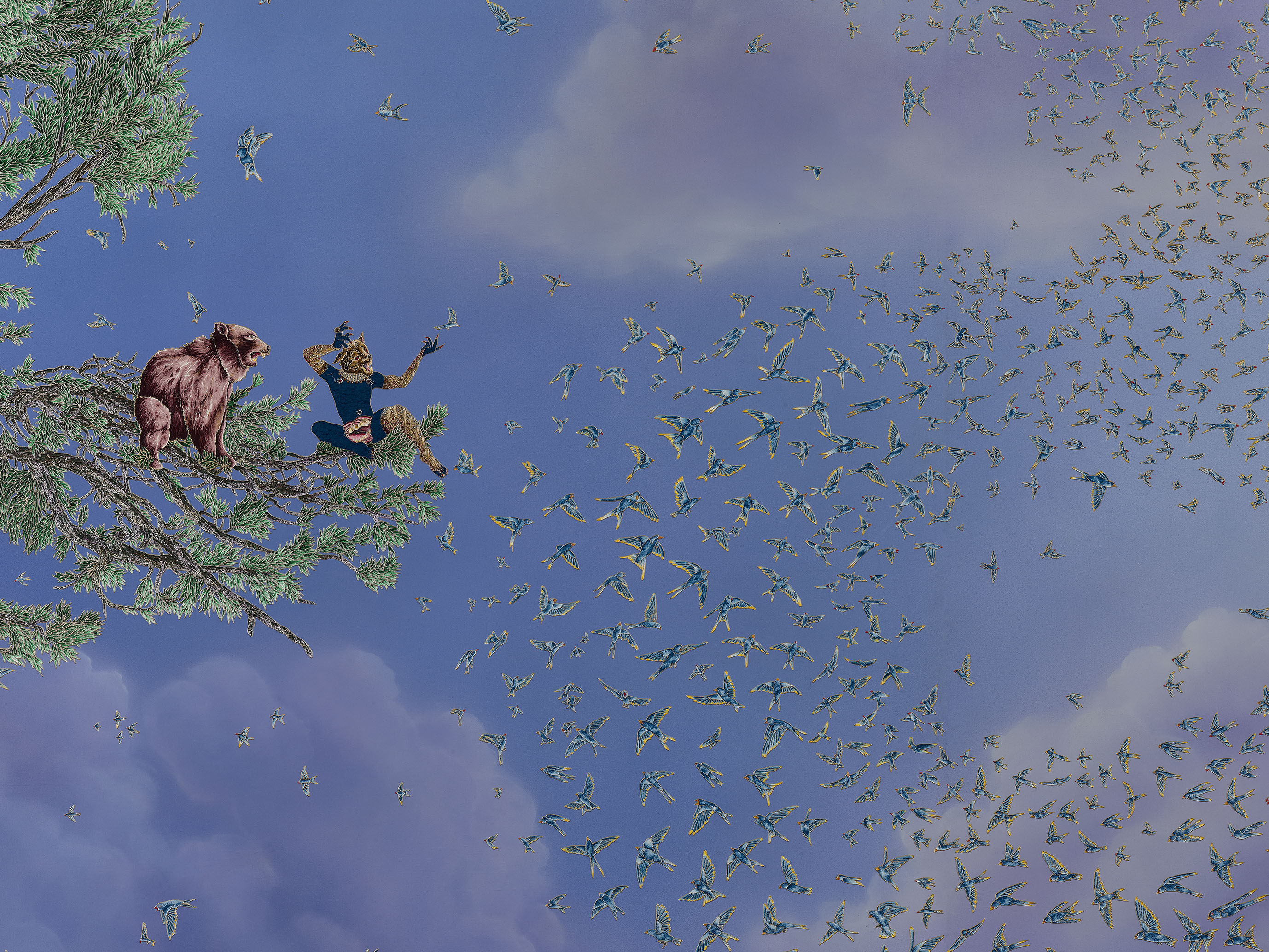 A painting shows a cat-headed figure and a large brown bear in a the branches of a pine tree. The hybrid figure gestures toward a flock of bird birds darting about the blue sky.