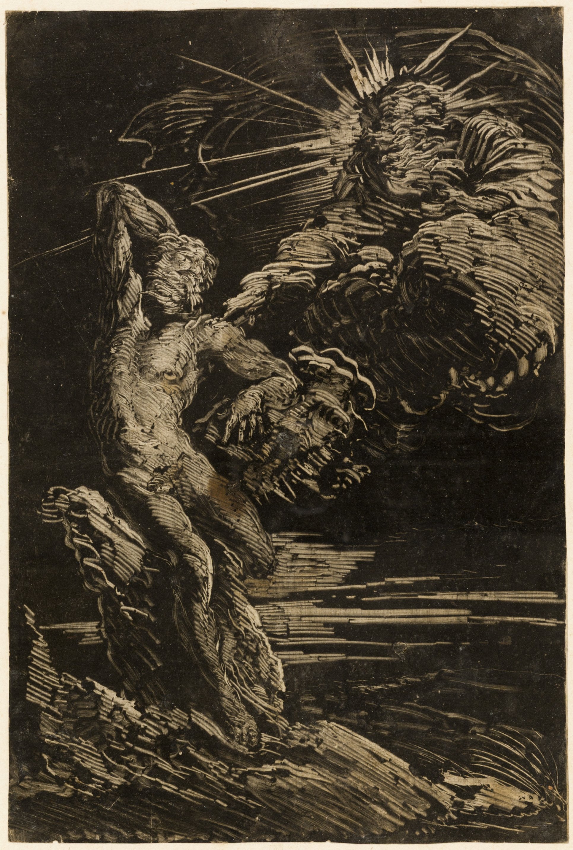Broad, angular strokes of white depict God emerging from a cloud, while thin, fluid lines extract the languid body of Adam from velvety blackness in this monotype print.