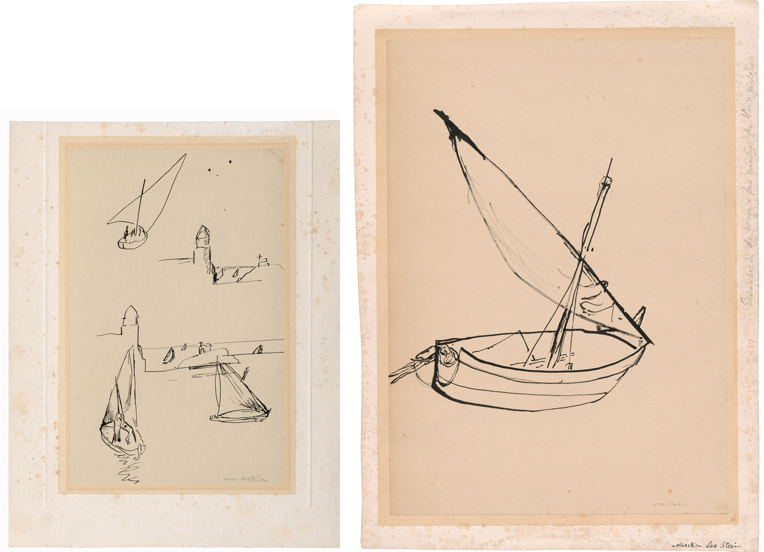 Side by side are two sheets on pale beige paper with black outlines. On the left, three small scenes arranged top to bottom show a small sailboat with a tall triangular sail; a shoreline with a tower-like structure and tiny sails offshore; and at the bottom a larger sailboat near similar buildings. On the right, a single larger boat sits low in the frame with a mast and a triangular sail angled toward the upper right, with no other background elements.