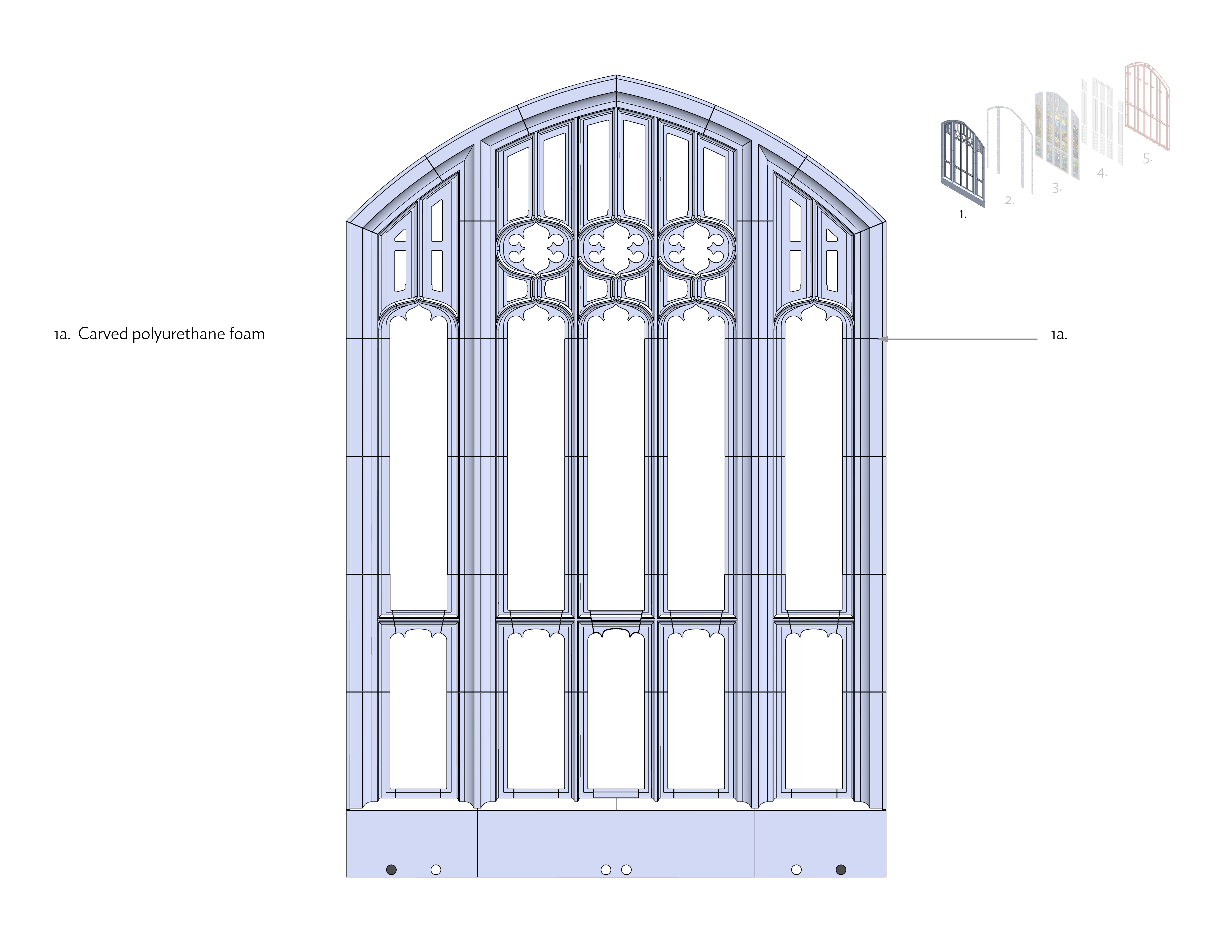 An interactive image with various layers and annotations showing the decorative fascia, structural support, aluminum mounts, LED lighting system, and structural frame that were used to mount the stained glass.