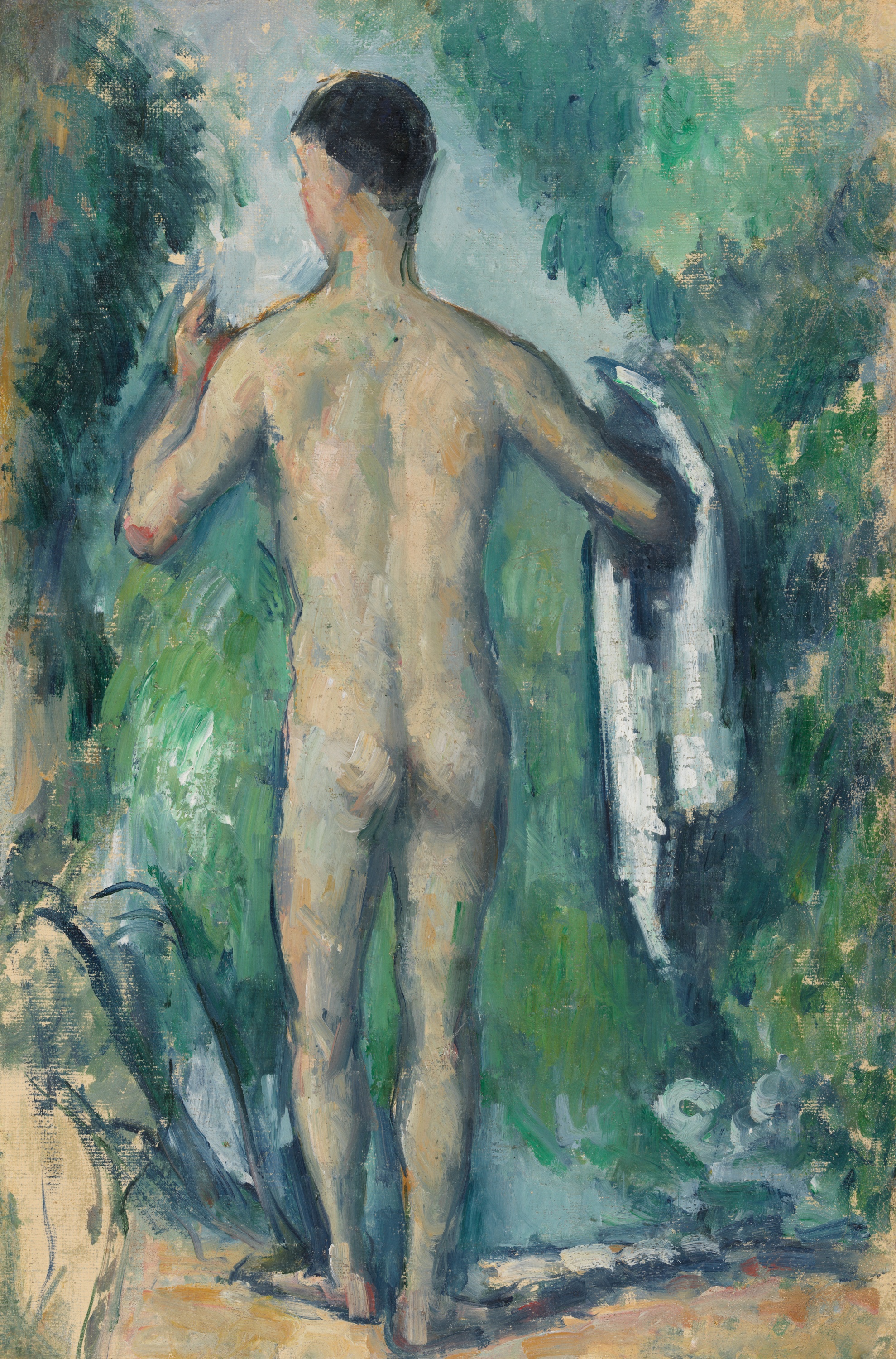 Top-to-bottom, leafy shapes in shades of green and blue fill the upper and side areas, surrounding a standing adult centered in the scene with short dark hair and light to medium-light skin. The figure is shown from the back; the left hand is raised near the shoulder, and the right arm holds a white and dark gray cloth draped along the right side. Near the bottom, the ground is beige with touches of green, and the feet are placed close to the lower edge; the figure occupies most of the height of the scene.