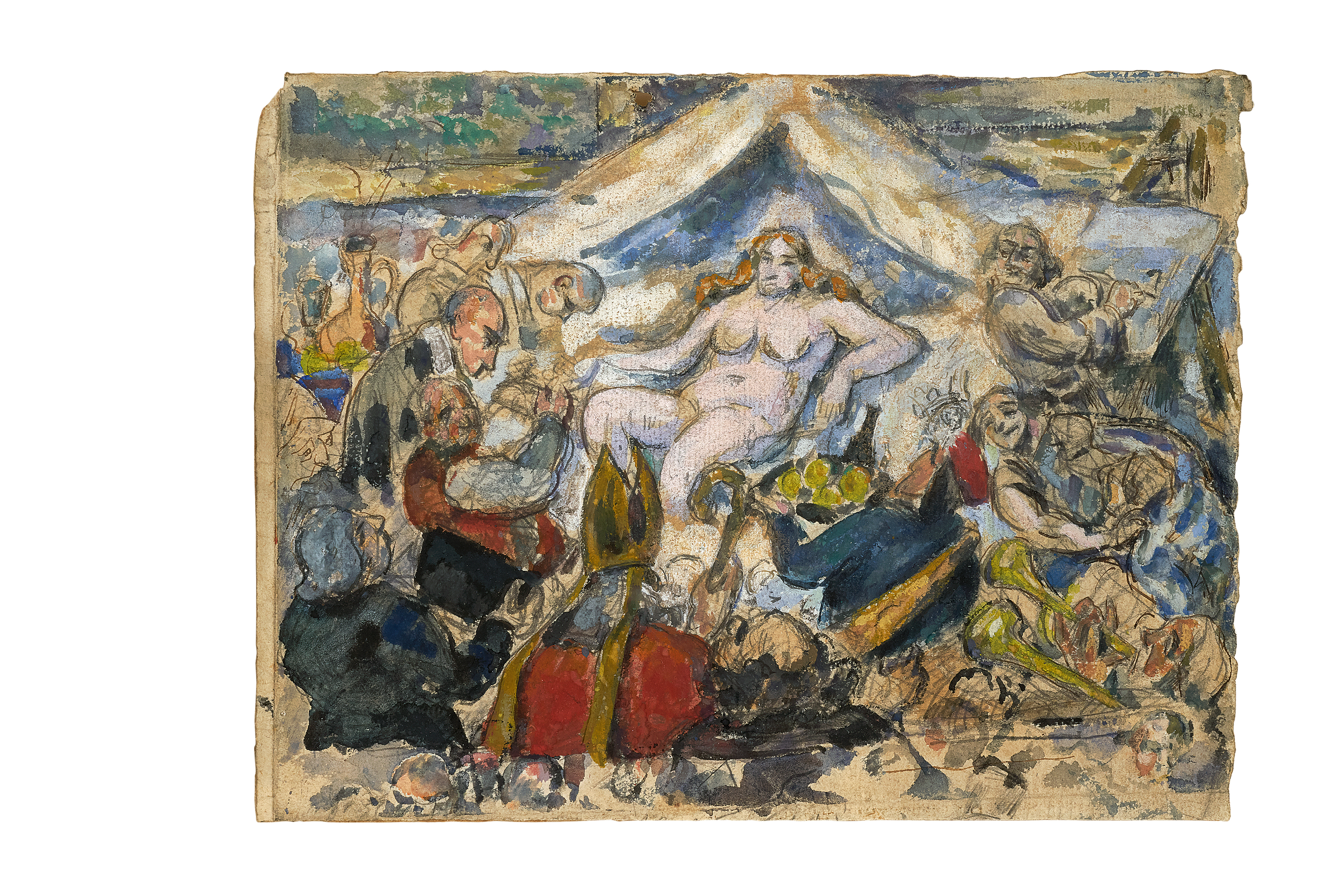 Painting of a broad-bodied nude female reclining before a tent-like structure and surrounded by numerous adoring figures, some opulently dressed, some offering food.