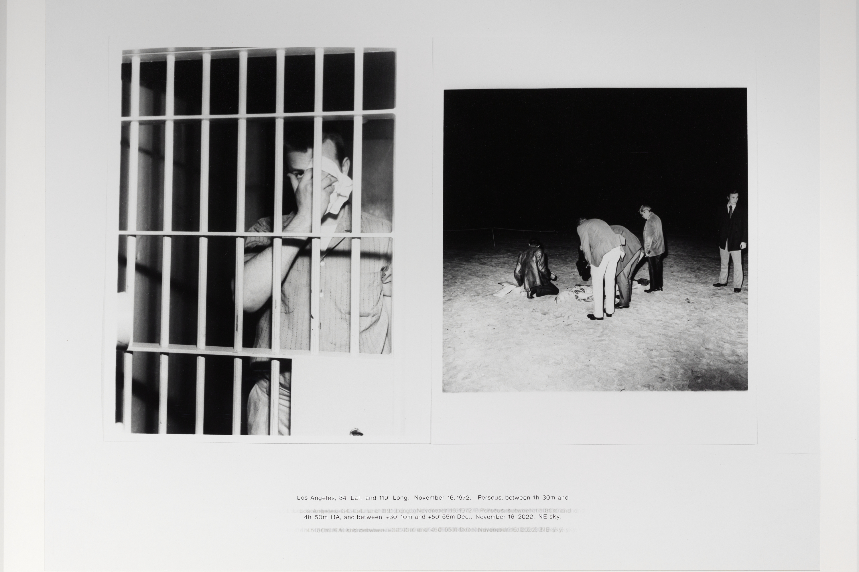 Diptych of two black and white photographs. On the left, a man in a striped shirt looks out from a prison cell. He holds a white kerchief to his left eye, obscuring part of his face. On the right, a three men in blazers and slacks bend over an obscured object on the ground. Two men in black squat beside the figure. The night sky is black behind them, though they’re illuminated by artificial light.