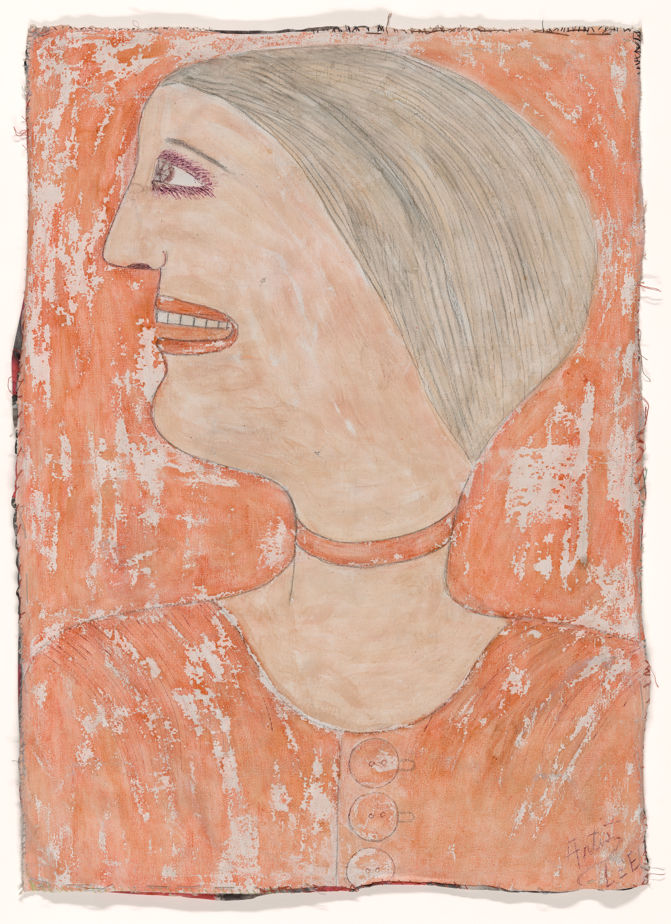 A textured painting shows the upper body of a person in a faded orange dress with a rounded collar and several large buttons; at center a neck with light skin tone and an orange choker, at right short gray hair, and at left a beige rectangle obscures the face.