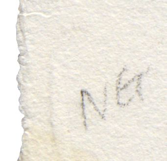 At the far left is a rough, uneven edge of an off-white textured surface. Moving right, small gray pencil marks show a clear “N” followed by a second, unclear character near the center-left. The marks are thin and short, occupying a small area compared to the overall surface, with the rest of the area plain and unmarked.