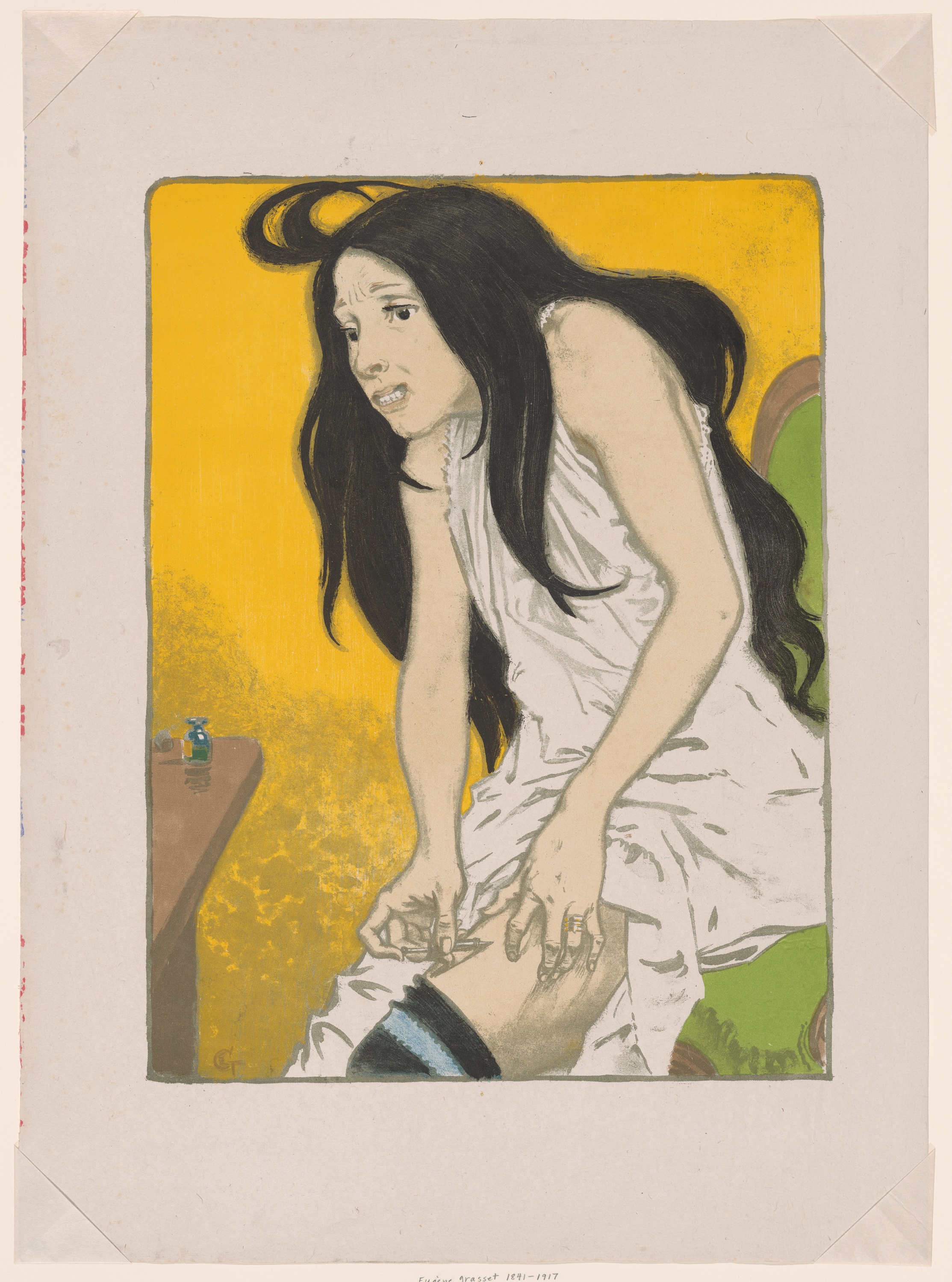 A print shows a light-skinned woman with long, dark hair grimacing as she sits with her long white underdress pulled up above the knee to inject morphine into her thigh. The background is a bright yellow.