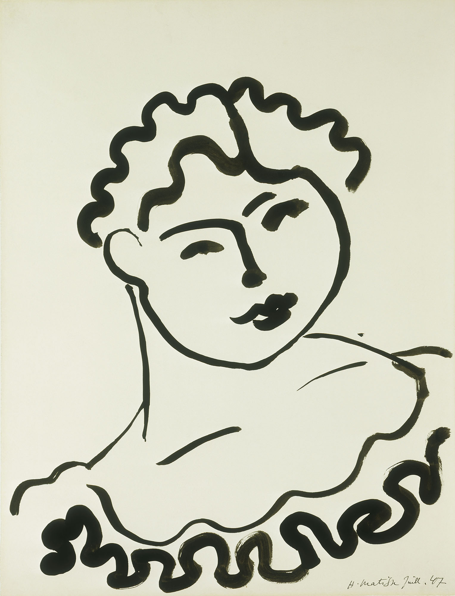 From top to bottom, thick black wavy lines outline rounded hair across the upper area. Below, curved black lines form the neck and shoulders, ending in a wide ruffled collar that stretches left to right near the bottom. A single figure is front-facing, large and centered, shown with black lines on a white background and no other elements present.