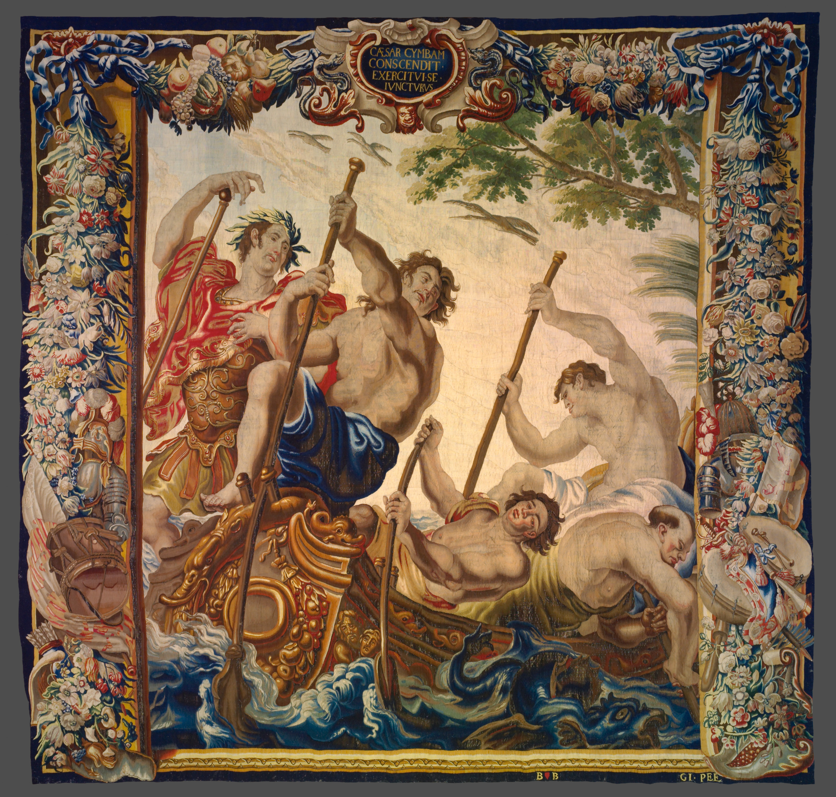 A large tapestry with an ornate border featuring six people in and around a boat crashing through the water.