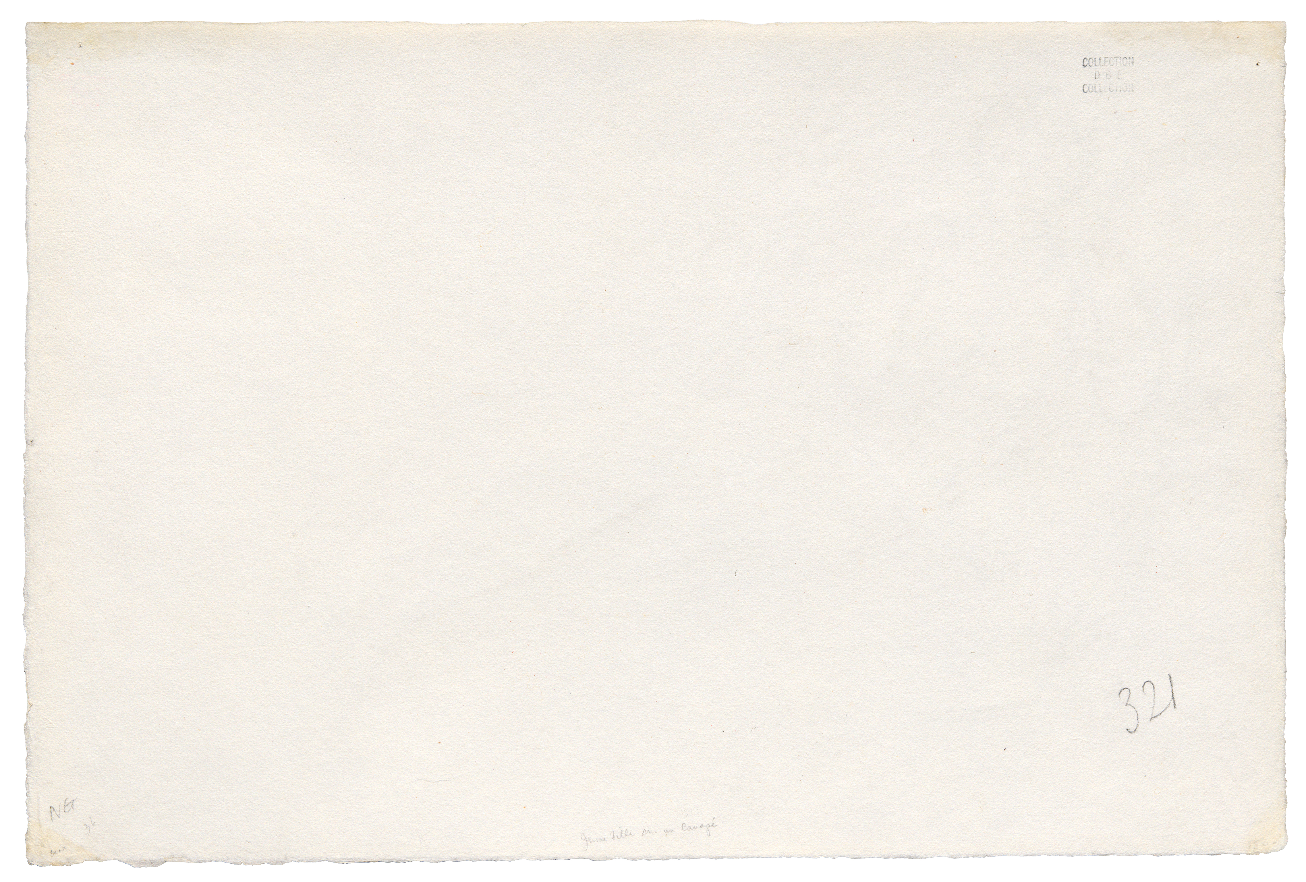 A large off-white sheet fills the frame from edge to edge. Near the upper right is a faint stamp mark; along the bottom edge are small pencil notes, including a short phrase at the center, the number “321” at the lower right, and a tiny penciled mark at the lower left. The paper has slightly rough edges and subtle texture, with no figures or objects present.