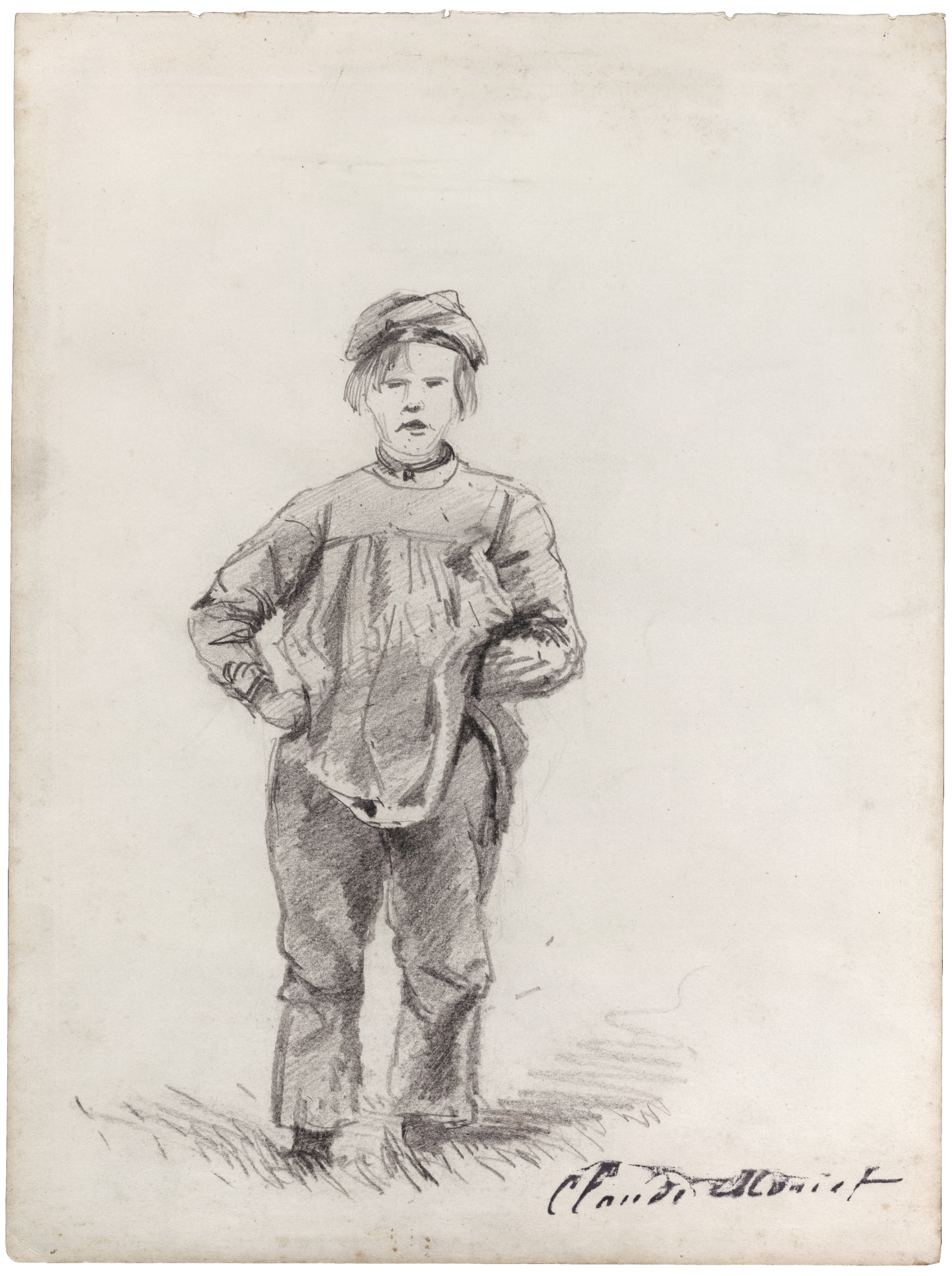 Top half is blank white. Centered is a full-length child facing forward, wearing a soft cap over straight hair, a loose long-sleeved shirt, pants, and dark shoes, with hands on hips and mouth slightly open. Bottom area shows a patch of gray shading beneath the feet and a small cursive signature at the lower right. Lines and shading appear in black and gray on white.
