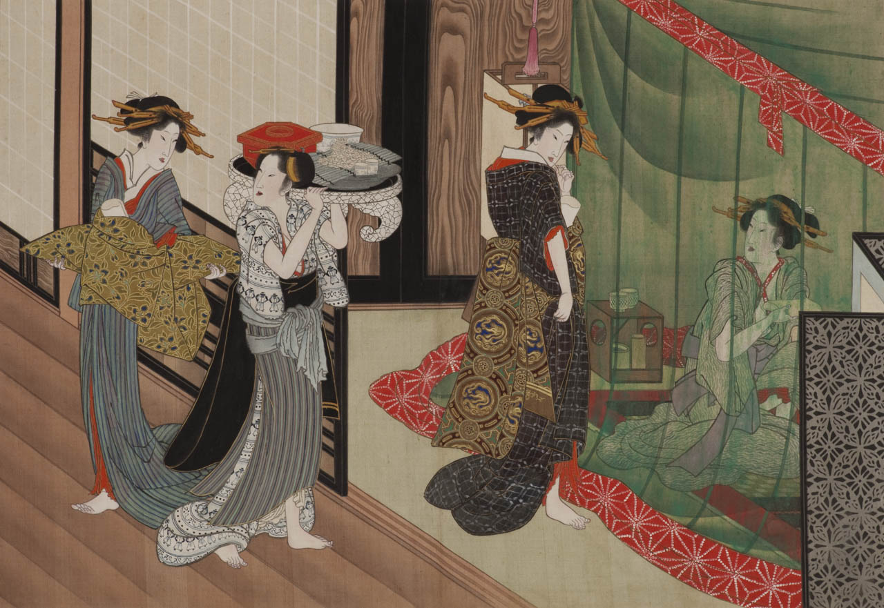 Four women in intricately patterned robes perform pass each other in a Japanese interior.