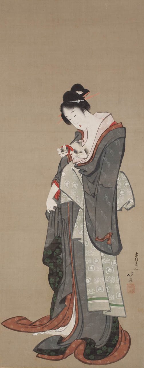 A Japanese woman in long flowing robes stands caressing a cat.