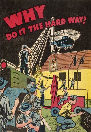 An illustration from the Library Archives. A comic-like illustration of a group of men performing construction on a house.