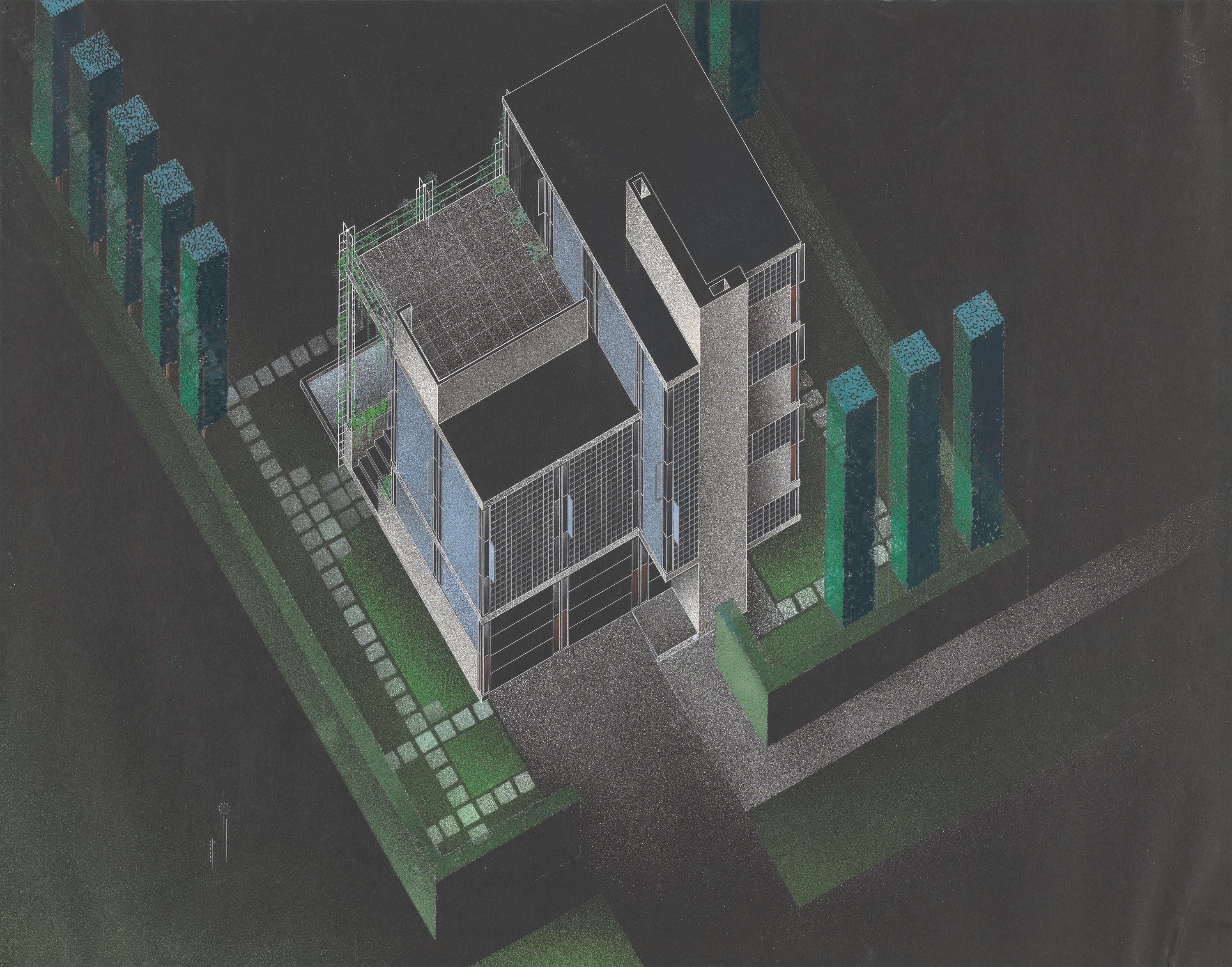 A drawing in grays and blue on black paper of a rigidly geometric building viewed from above. Around the square-footprint structure that rises to three different heights are square paved walkways and several square columns.