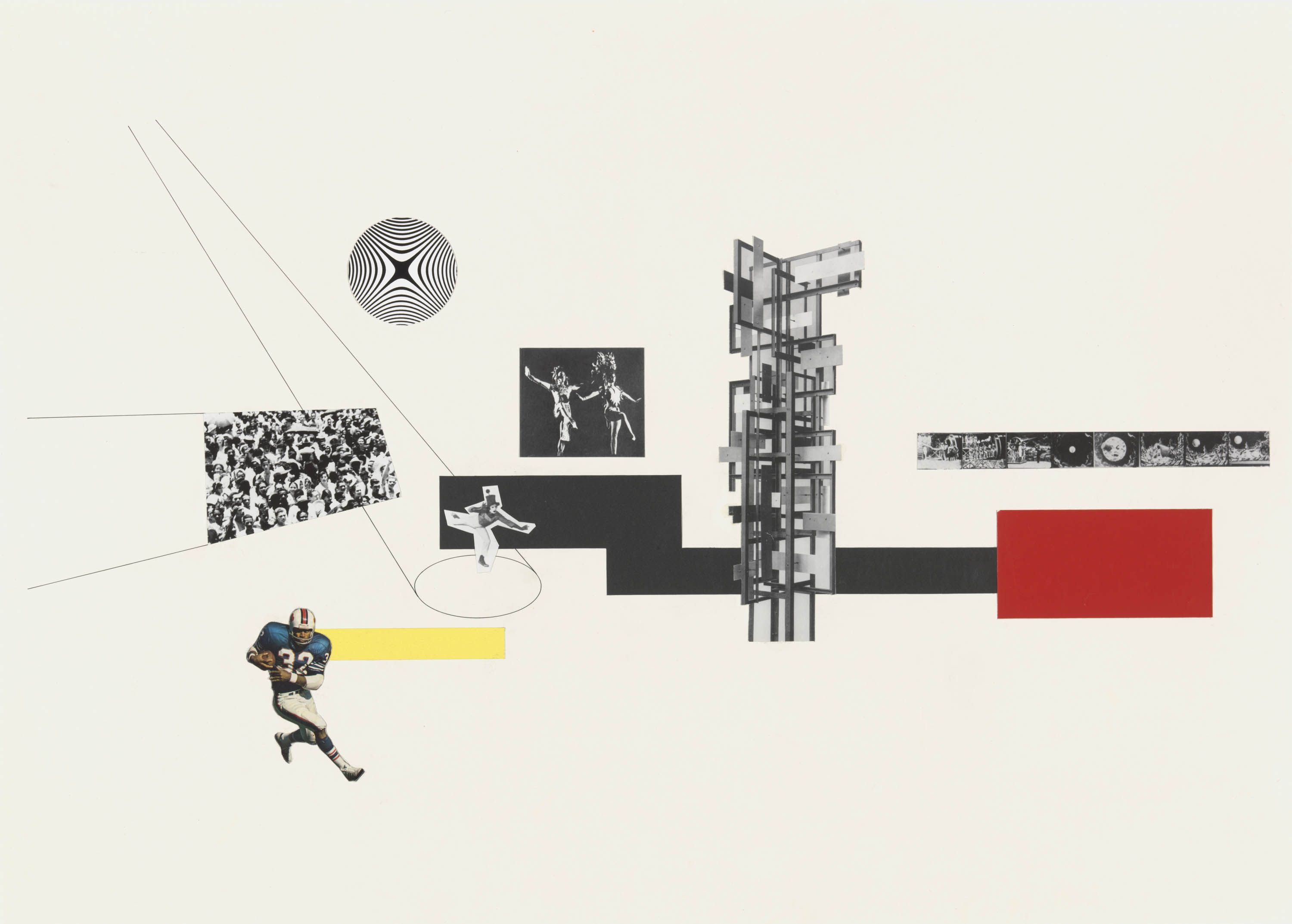 A loose collage of images and photographs from sports and culture interspersed with geometric shapes and designs.
