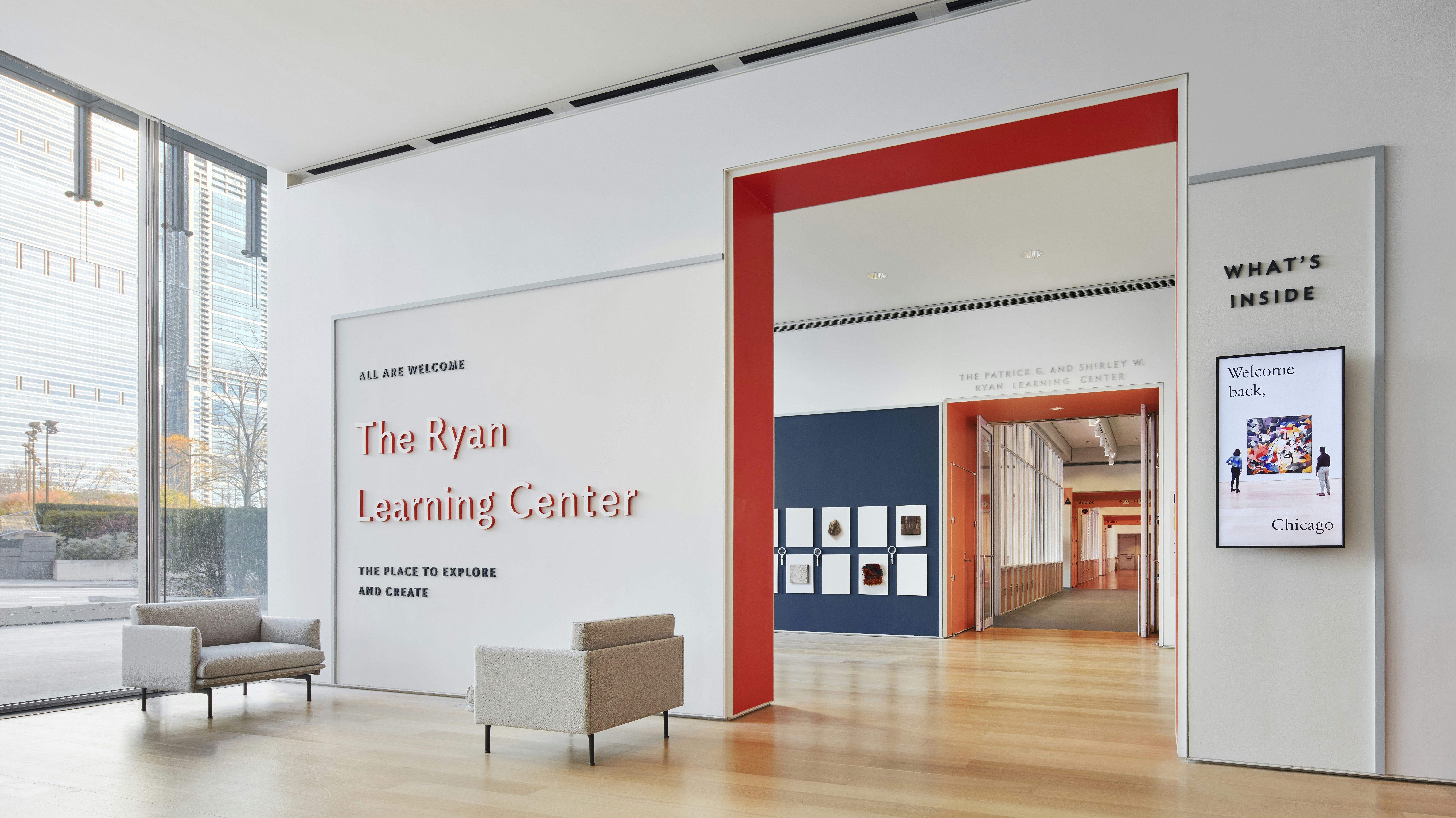 A light filled hall showing the entrance to the Ryan Learning Center