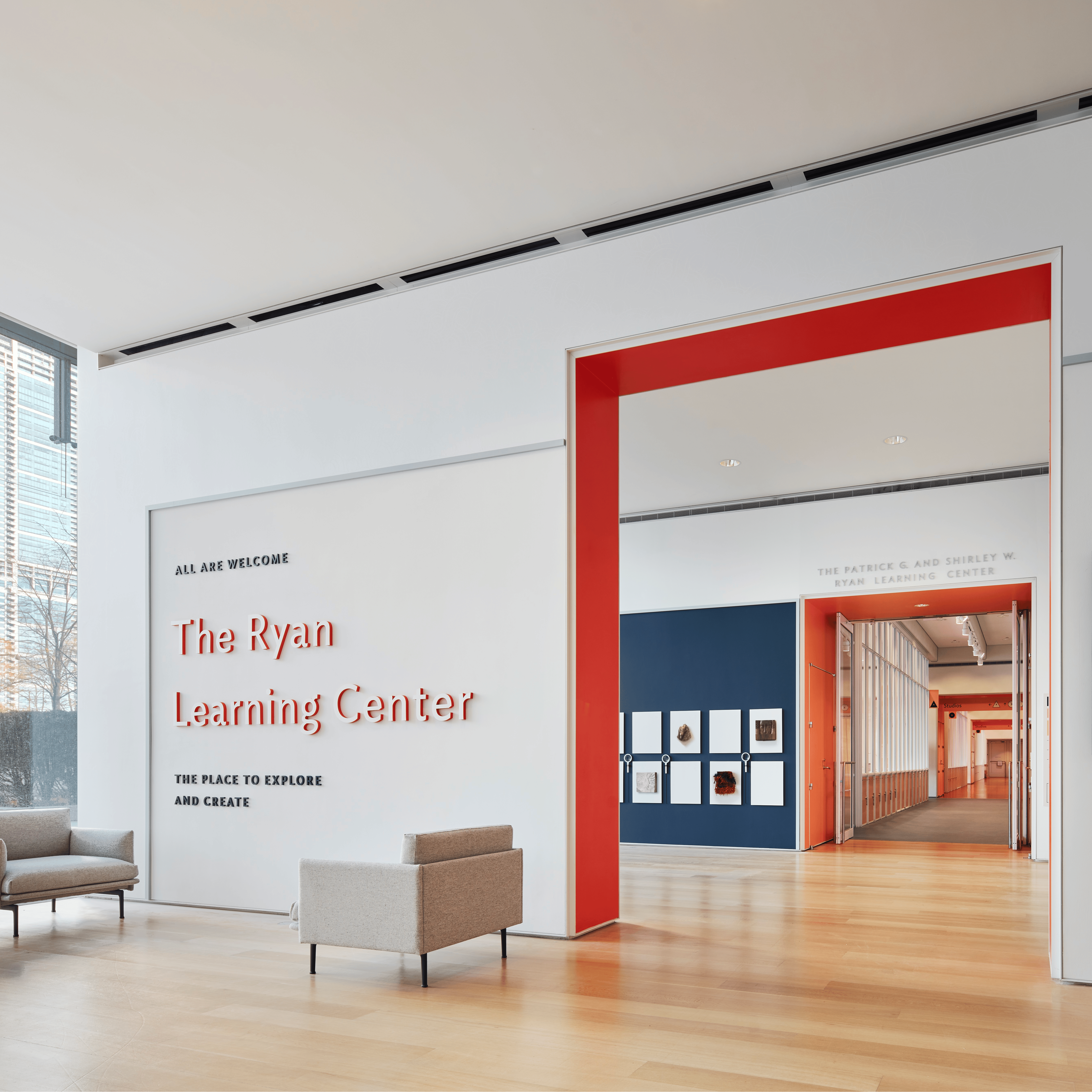 A light filled hall showing the entrance to the Ryan Learning Center