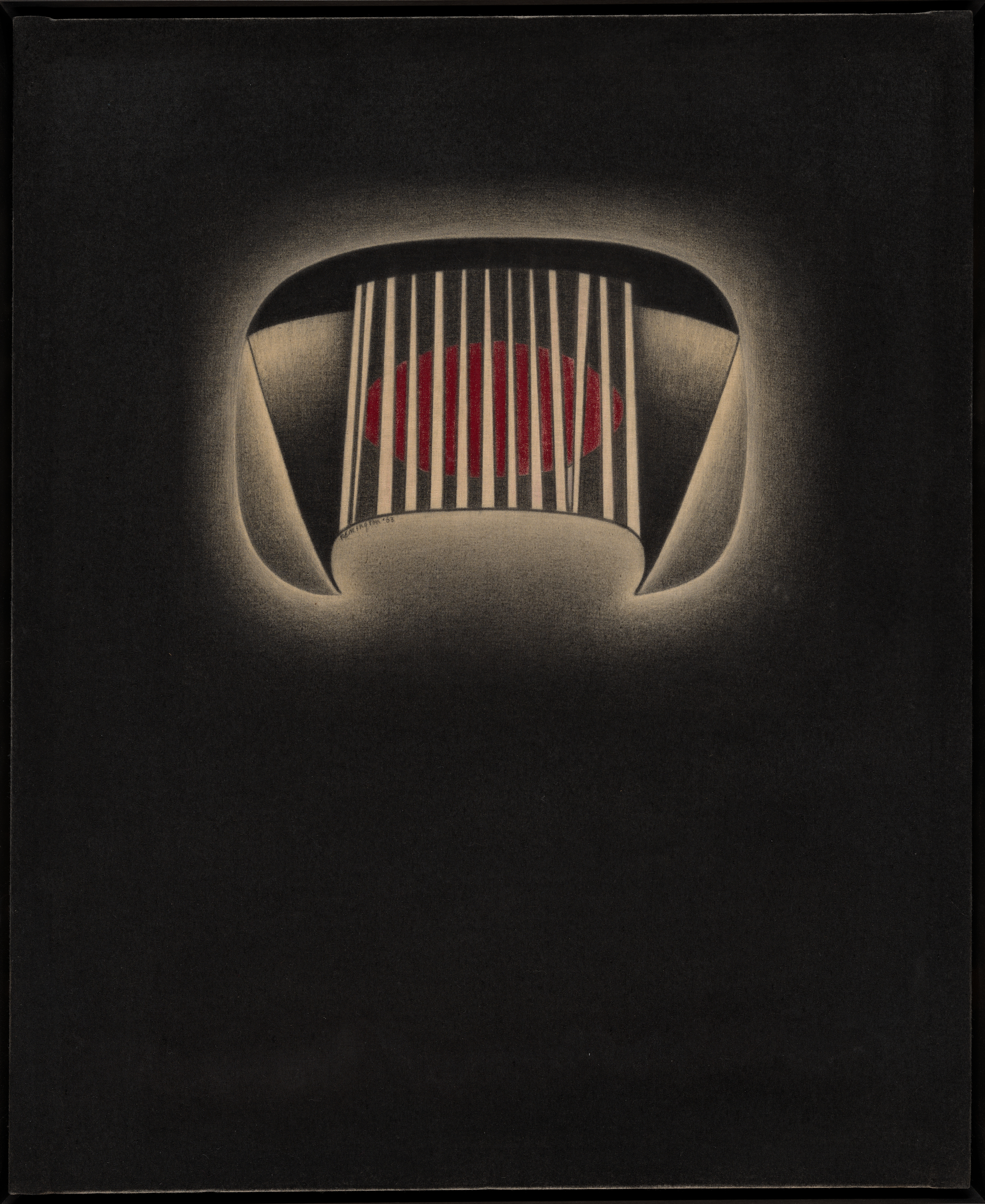 A drawing on black paper shows an abstract rounded gray form at center, softly glowing, with vertical white bars over a red oval; shaded gray panels sit at left and right, an open curved gap appears at bottom, and the surrounding field is solid black.
