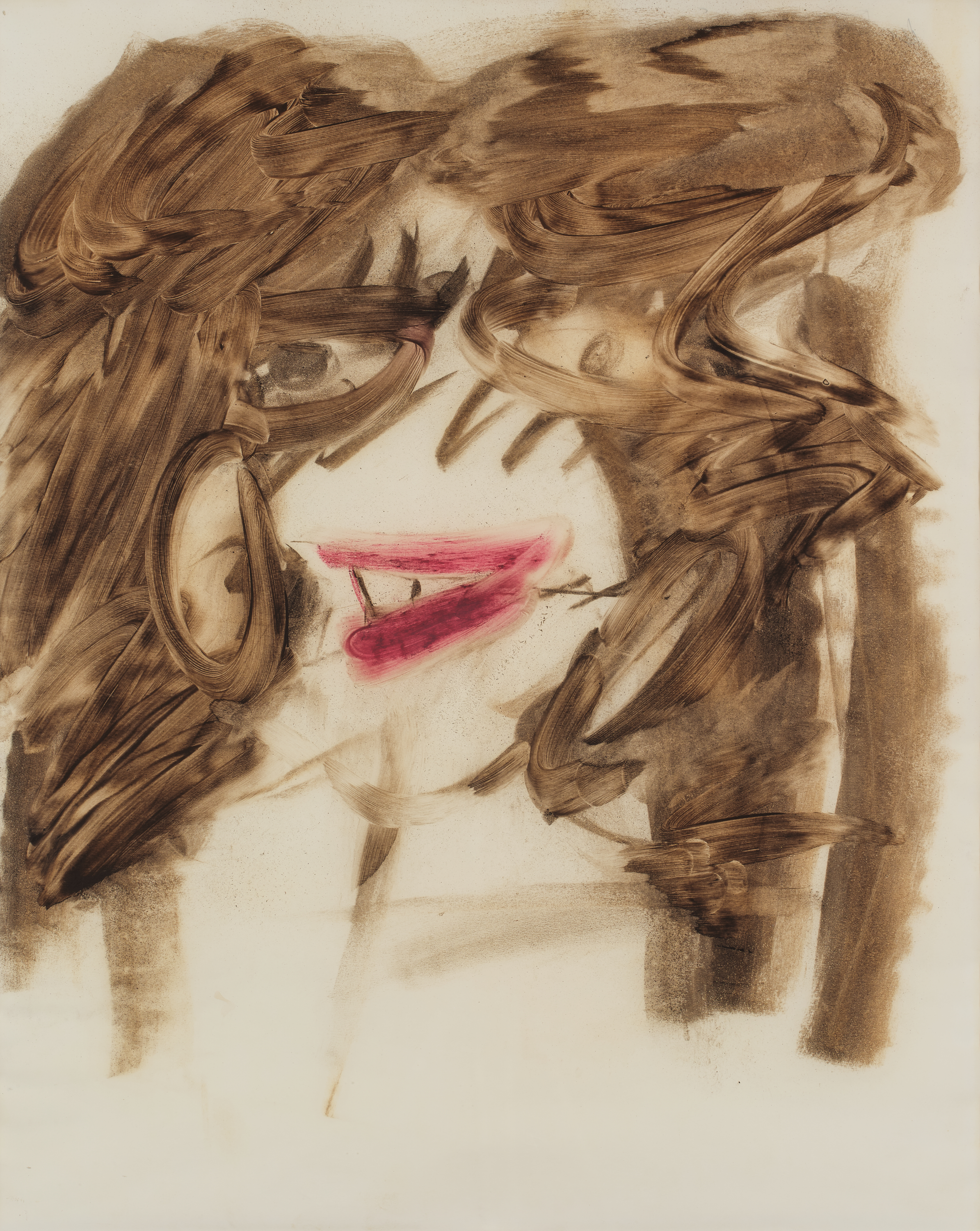 A painting shows a large stylized face at center, with broad brown brushstrokes forming hair, dark oval eyes at left and right, and a bright pink mouth near center, all set against a mostly bare off-white background.