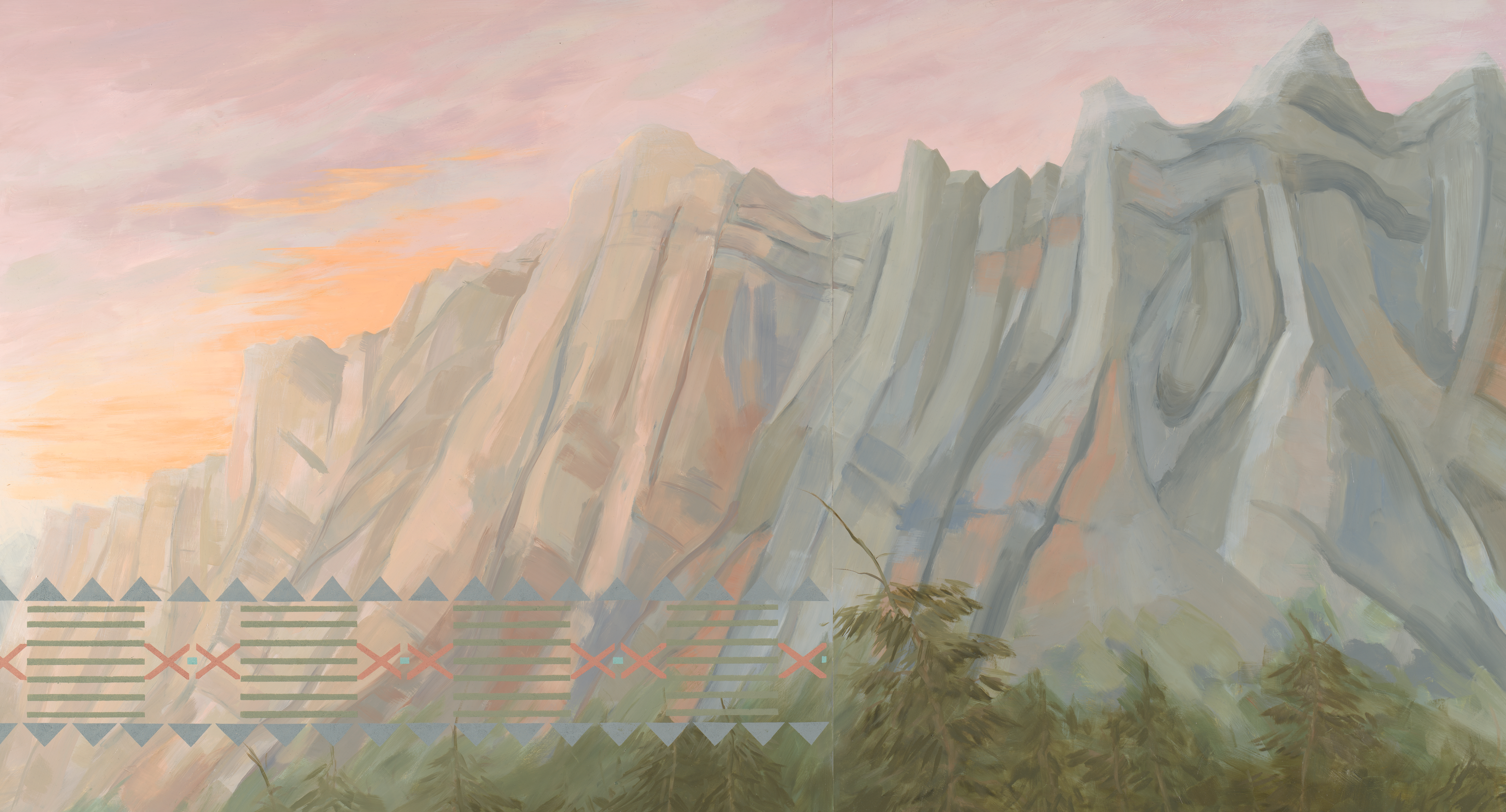 A soft-toned painting shows jagged gray and tan cliffs spanning the center, with lower peaks at left and taller ridges at right beneath a pink and orange sky; at bottom, green conifers stand before a horizontal band of pale blue and red geometric patterns.