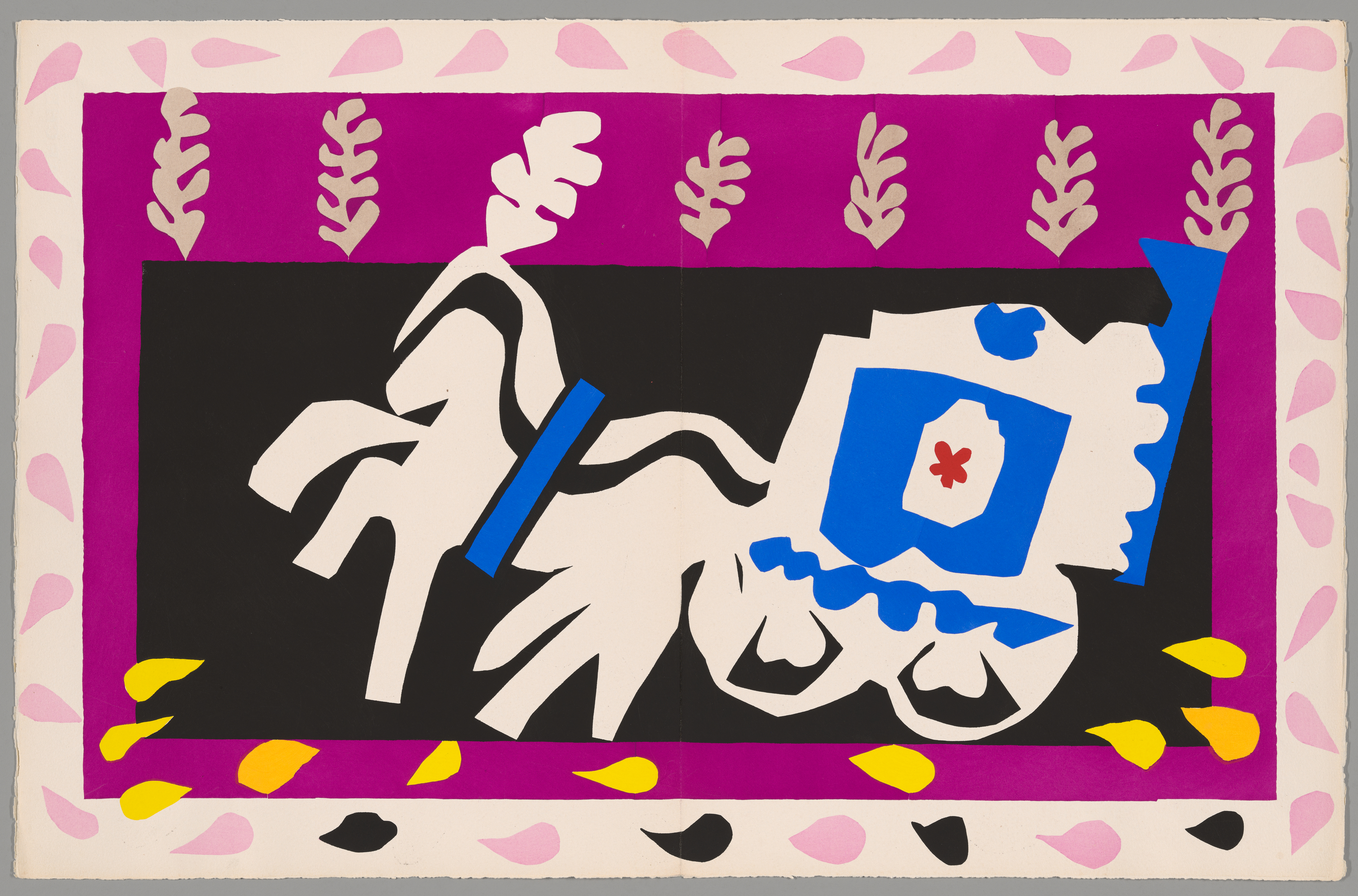 A cut-paper collage shows a dominant white horse at left connected by a blue bar to a blue-and-white carriage at right, set on a black panel; a magenta border with pink and gray leaf-like shapes surrounds, with small yellow shapes along the bottom.