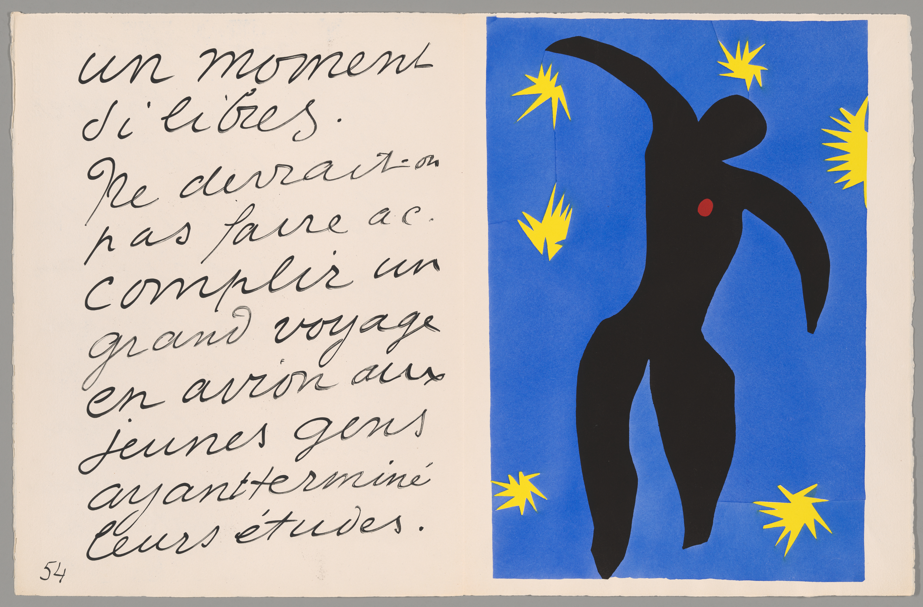 A color print with a dominant blue panel at right shows a black silhouette with a raised arm and a small red dot at chest, surrounded by five yellow starbursts; at left, cursive black French text fills a cream page.