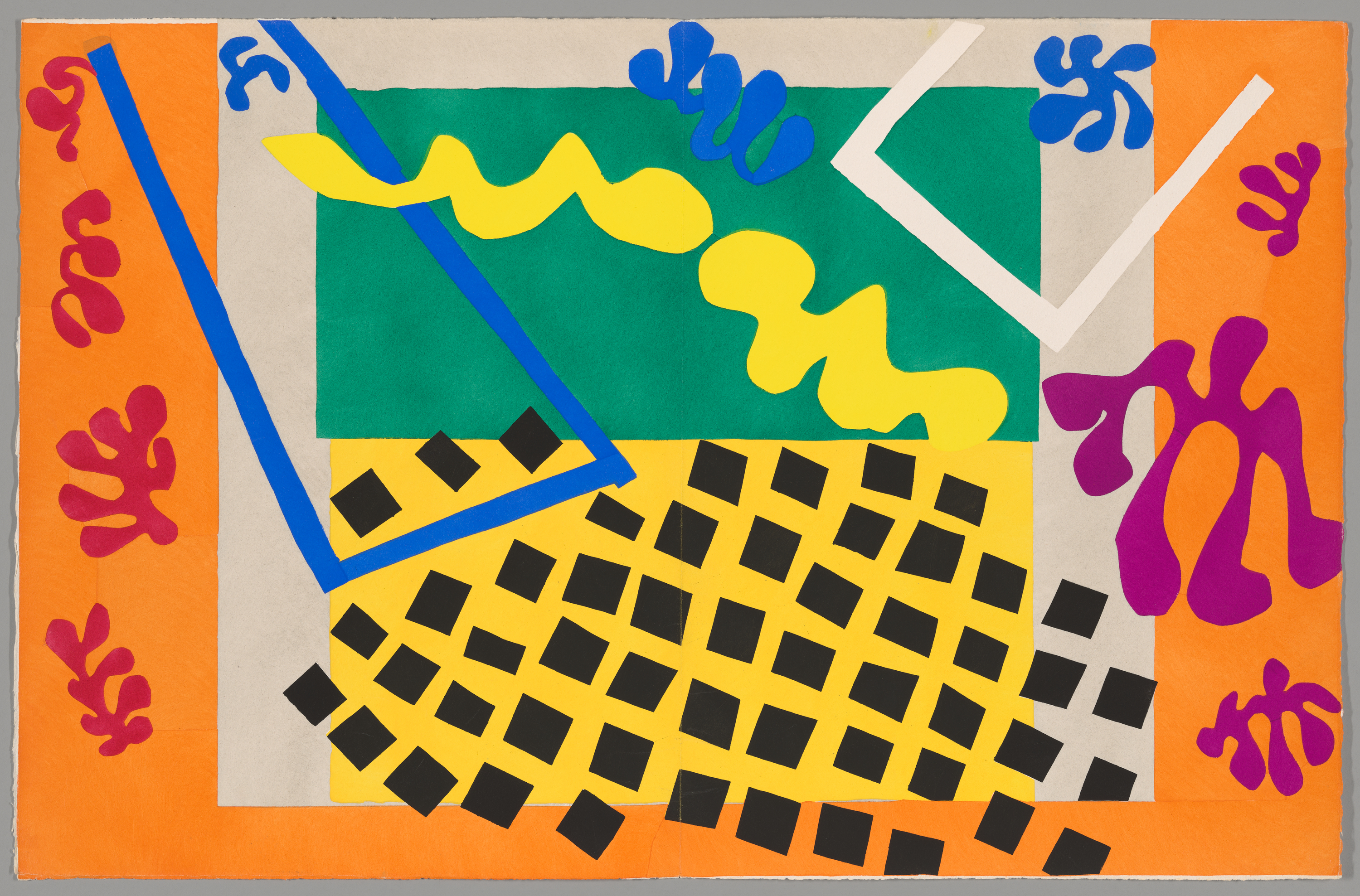 An abstract cut-paper collage centers a yellow field with black squares below a green rectangle, crossed by blue and white angular lines and a yellow wavy stripe, set on pale gray with an orange border and magenta shapes at left and right and small blue shapes at top right and top center.