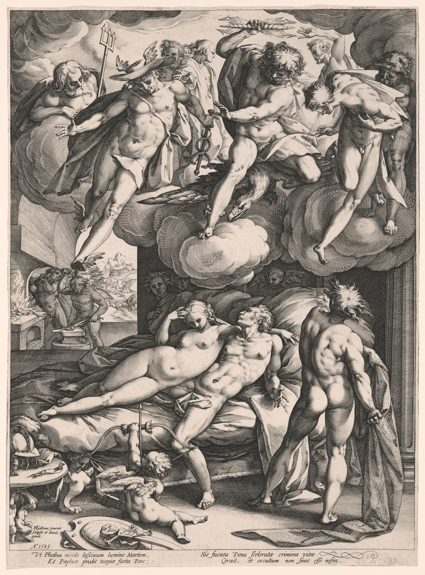 Vulcan pulls off the net he used to ensnare his wife, Venus, and her lover, Mars in bed. A putti sits at their feet. Other gods look down at the two lovers from clouds above.