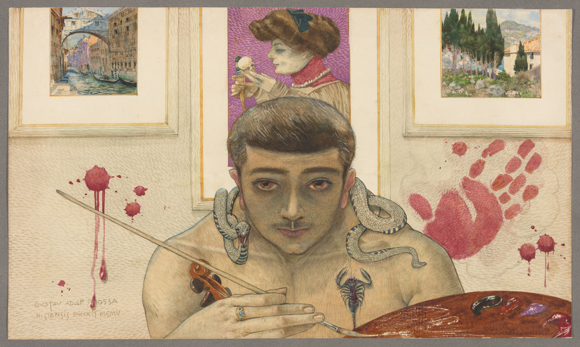 A shirtless man with a snake around his shoulders, holds an easel. Behind him are three framed artworks, beneath which are dotted paint splatters and a red handprint. The man also has a violin tucked beneath his right elbow and a scorpion at his heart.