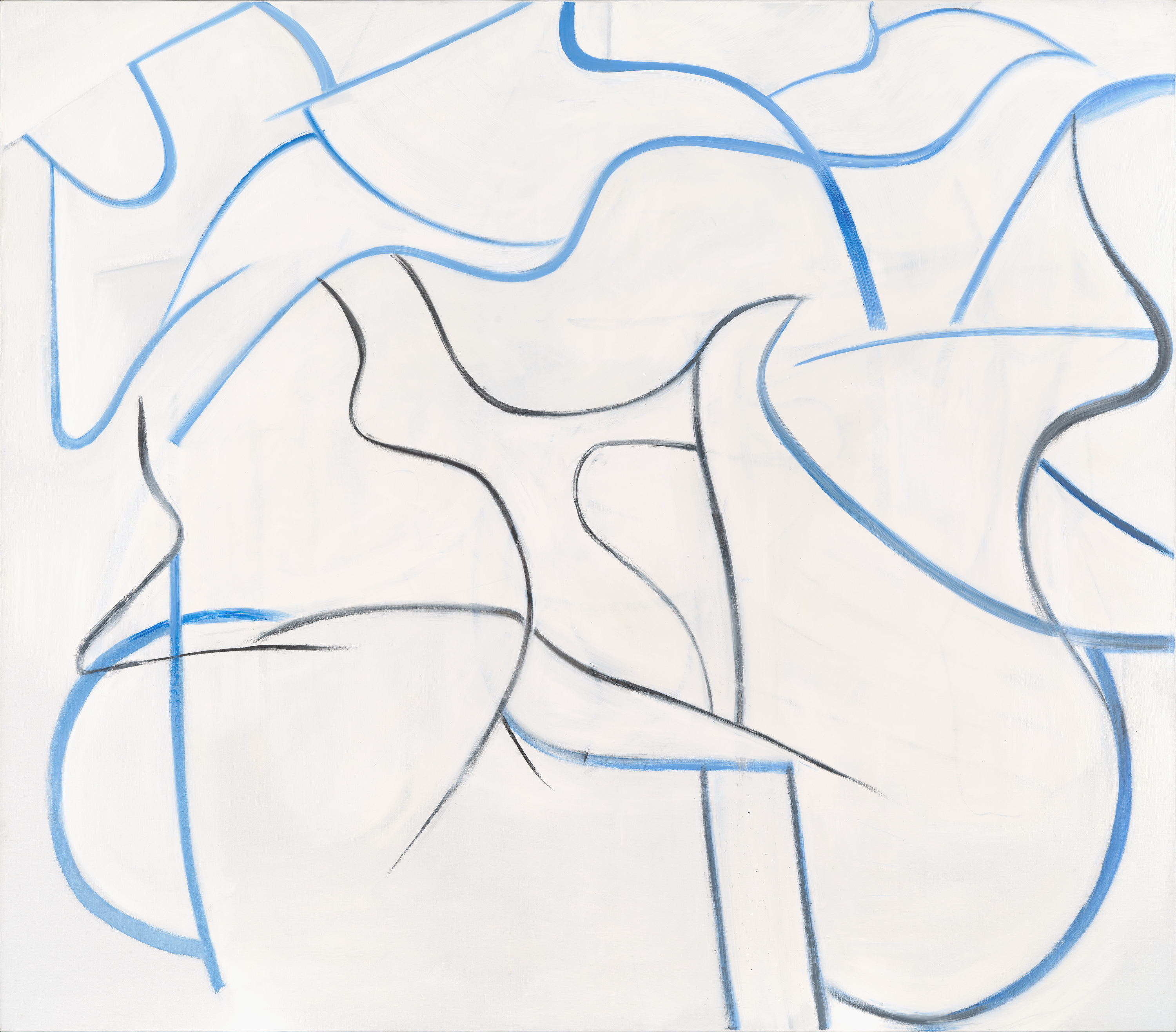 An abstract painting of sweeping blue and black lines on white, dominated by wide wavy blue bands at top; at left a tall pale blue curve rises; at center thin black arcs intersect; at right broad blue-edged curves bend inward.