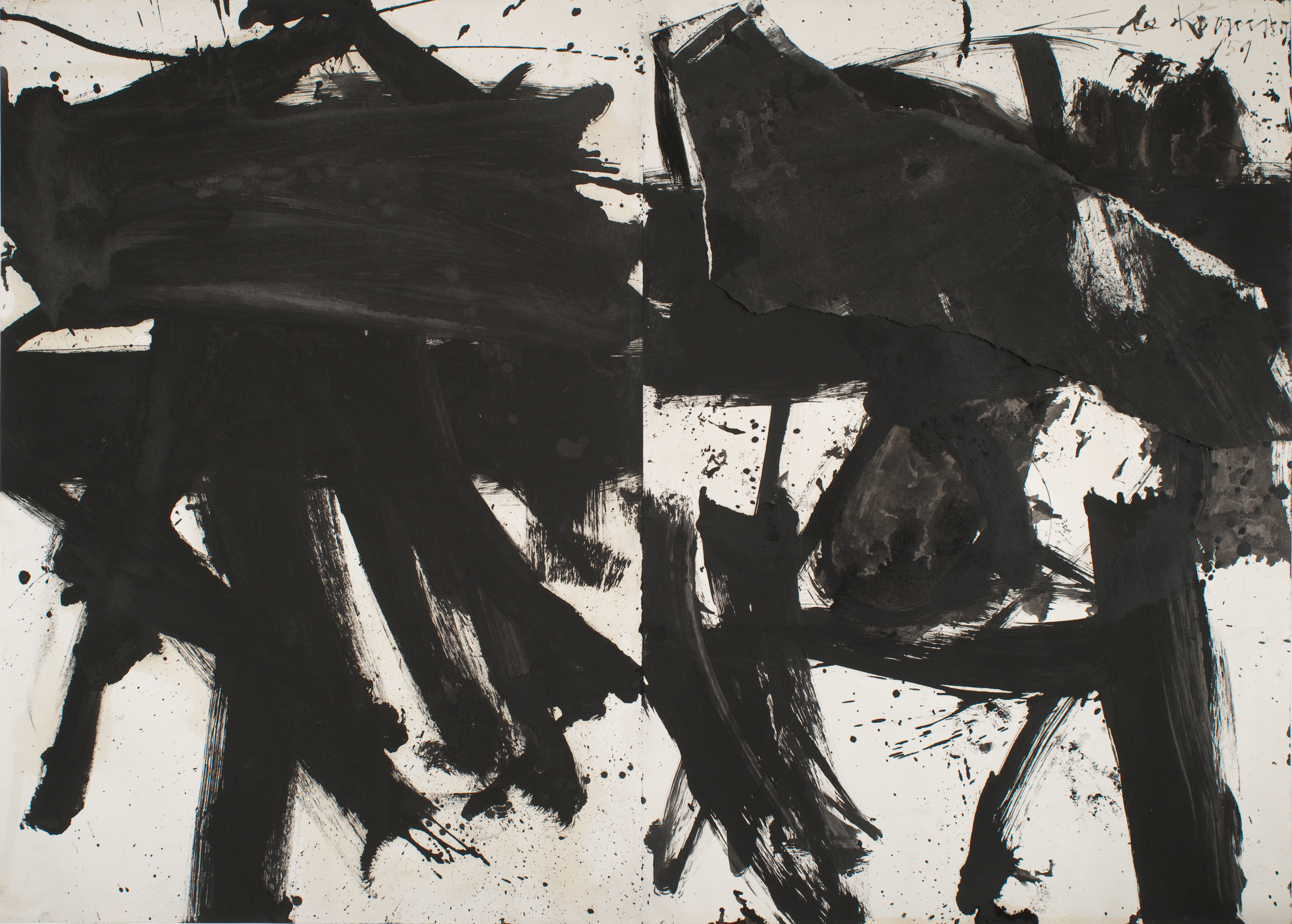An abstract painting shows bold black brushstrokes and splatters on a white ground; at left a dense rectangular mass with drips dominates, at center a narrow vertical gap splits the field, and at right layered arcs, slashes, and smudges spread across lighter areas.