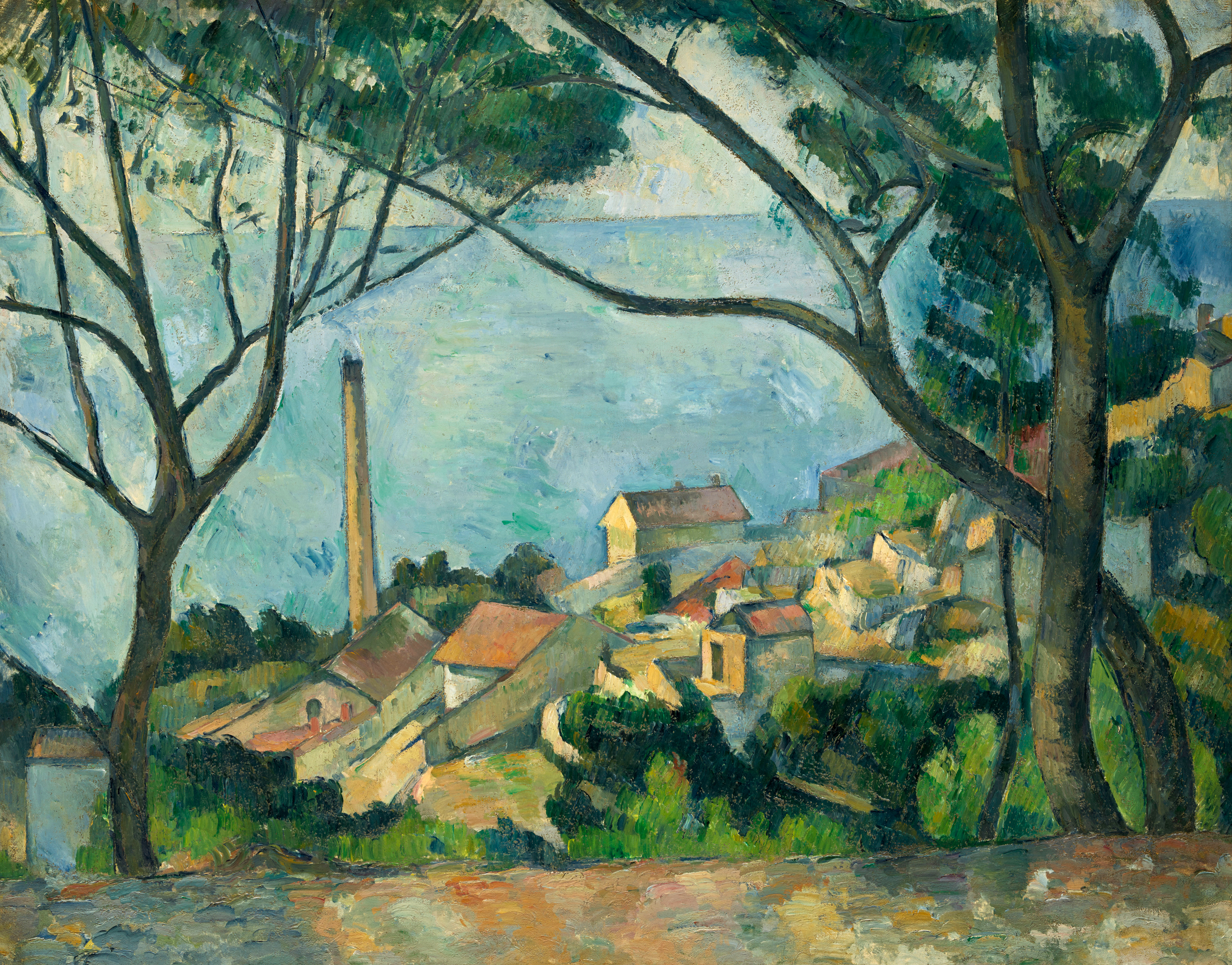 Painting of a serene water view framed by slim trees with broad canopies, yellow and orange houses at center and a tall column at left.