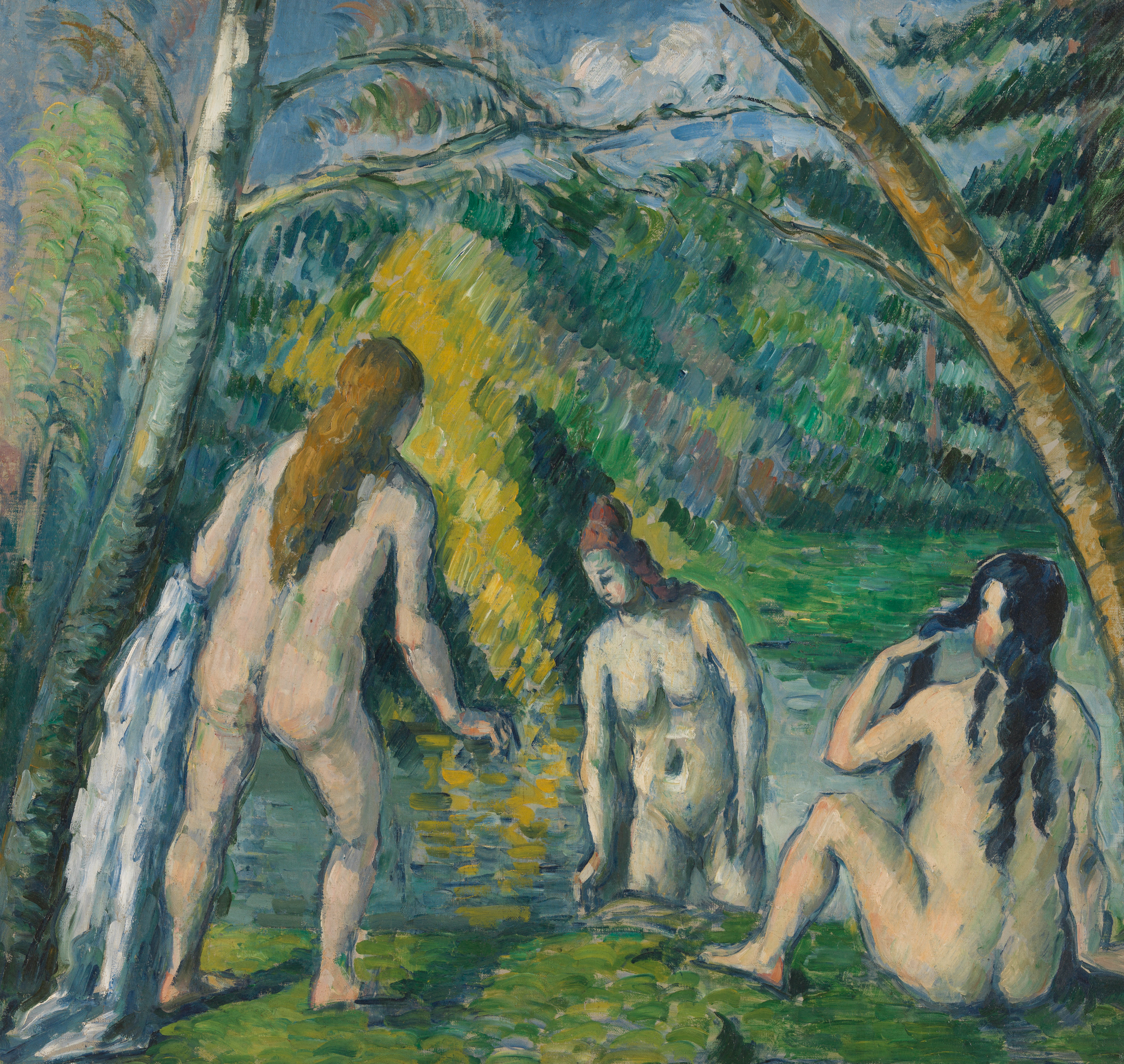 Lush green, yellow, and blue painting of three rounded, long-haired, light-skinned female nude figures on a riverbank, the middle standing in the river facing the viewer and the other two flanking and facing her.