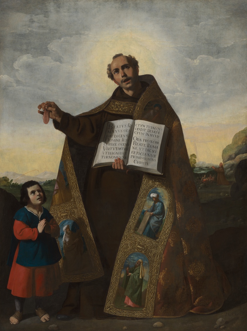 The sun haloes the head of a saint in an ornate cloak holding a large book in his left hand, and his tongue in his right. Beneath his tongue, a child saint gazes up to him.