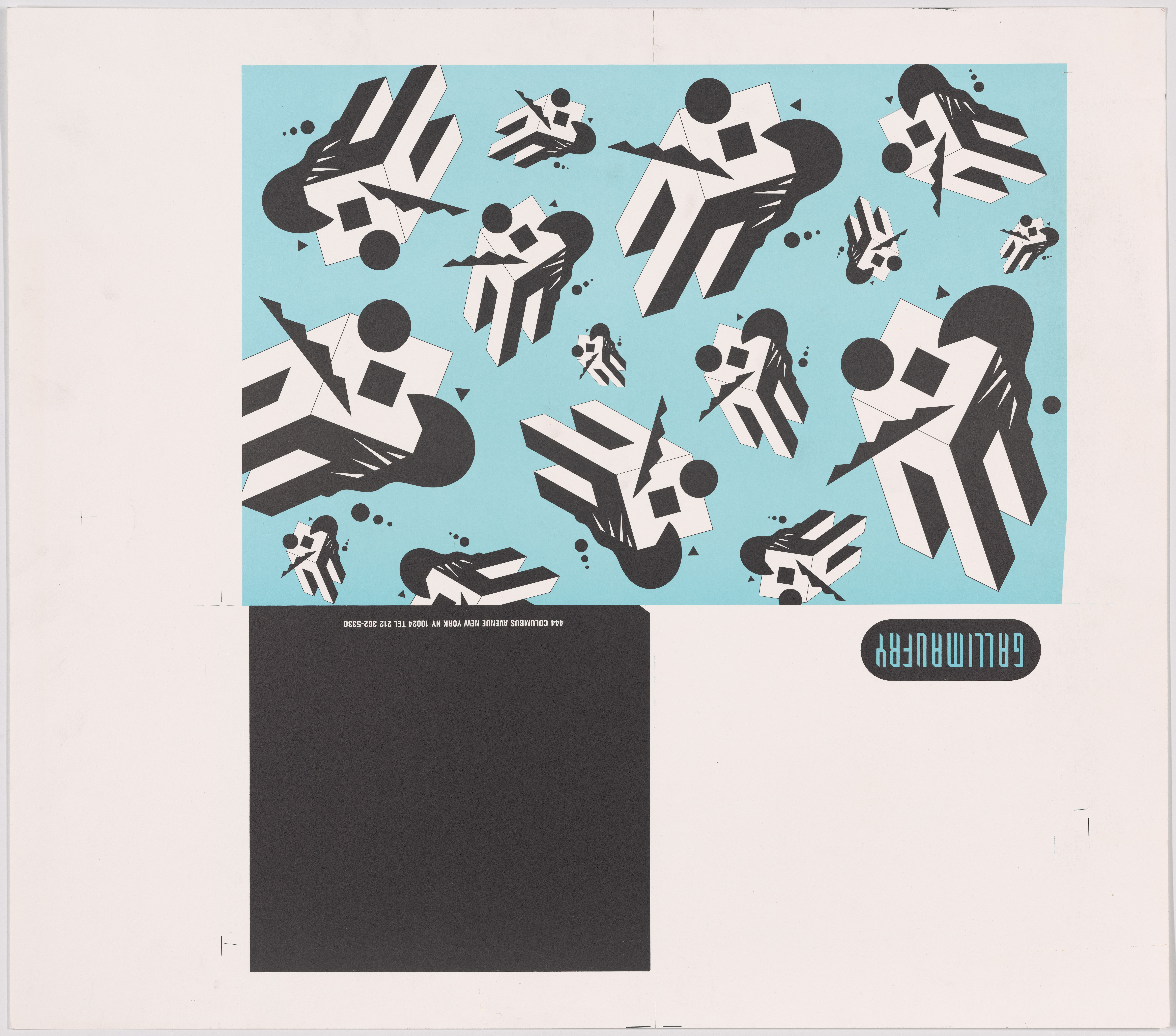 On a turquoise-blue background, the image of a white and black table-like shape, rendered in three dimensions with various intersecting two-dimensional shapes, repeats regularly in various sizes, rotated to various different angles.