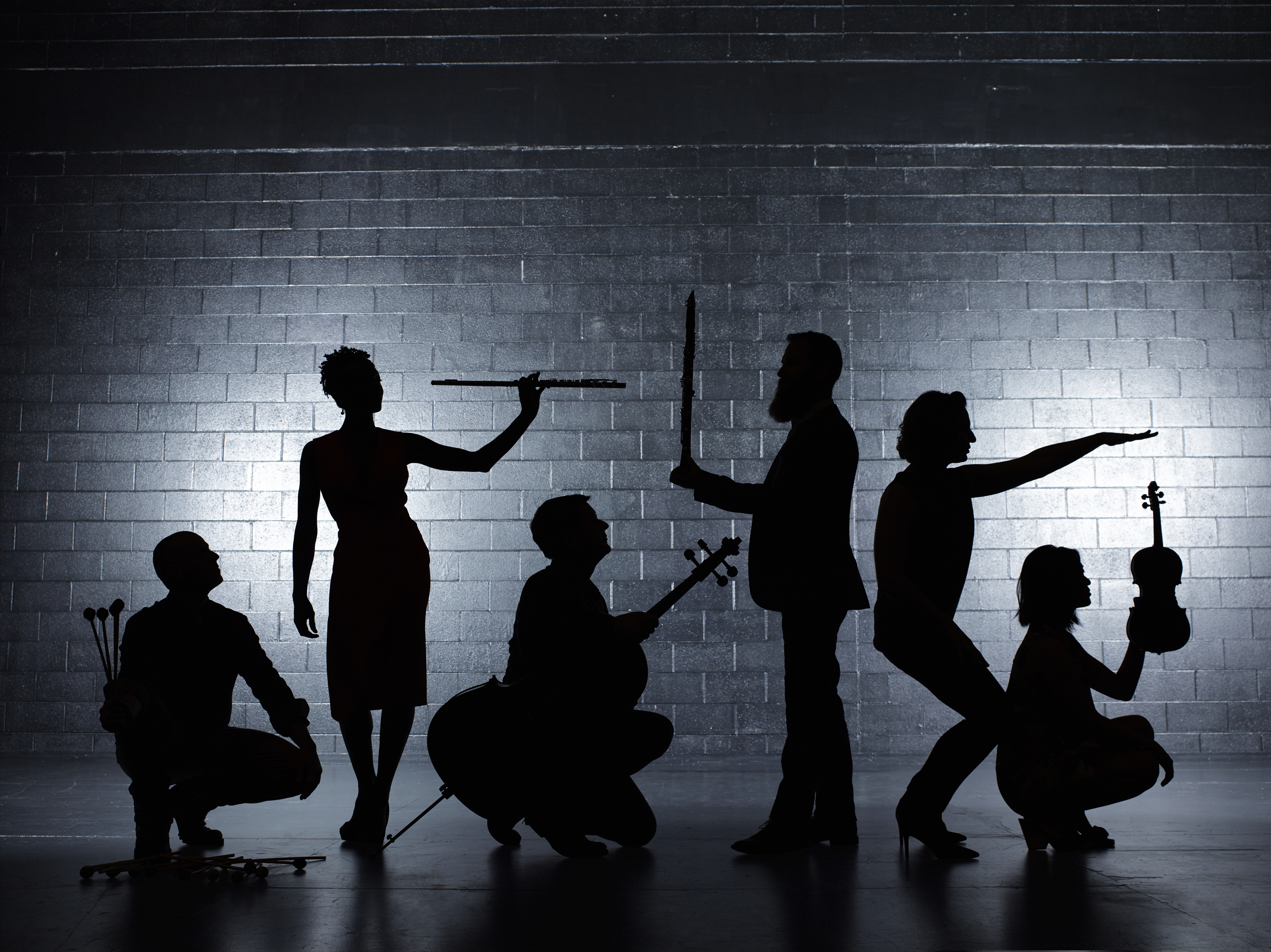 A black and white silhouette photograph of 6 musicians holding up string and wind instruments artfully.