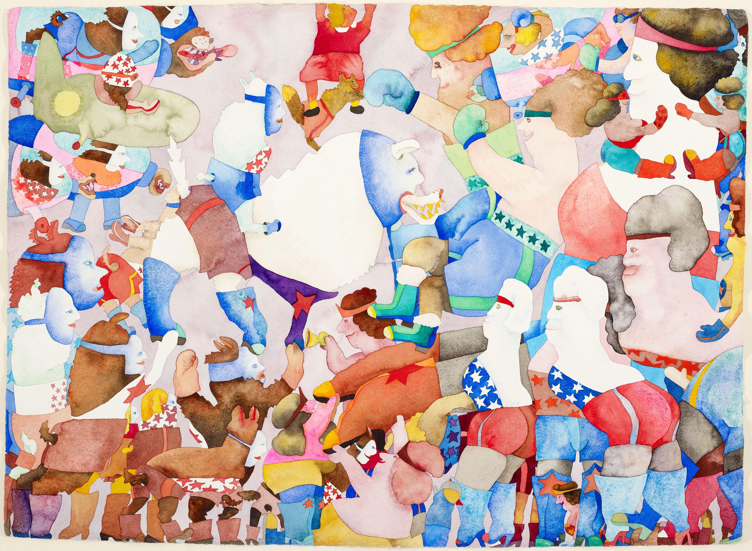 A watercolor painting shows many women and dogs in Wonder Woman outfits cheering at some kind of contest.