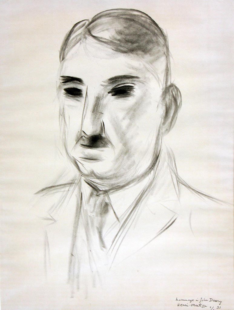 Top center shows a head with dark gray, neatly combed hair against a white background. Moving downward, a collared shirt and a medium‑dark gray necktie are visible, with a lightly outlined suit jacket and broad lapels on both sides of the chest and shoulders. At the lower right, small handwriting reads “hommage à John Dewey,” followed by “Henri Matisse” and “31.” All elements are in grayscale, with darker tones in the hair and tie.