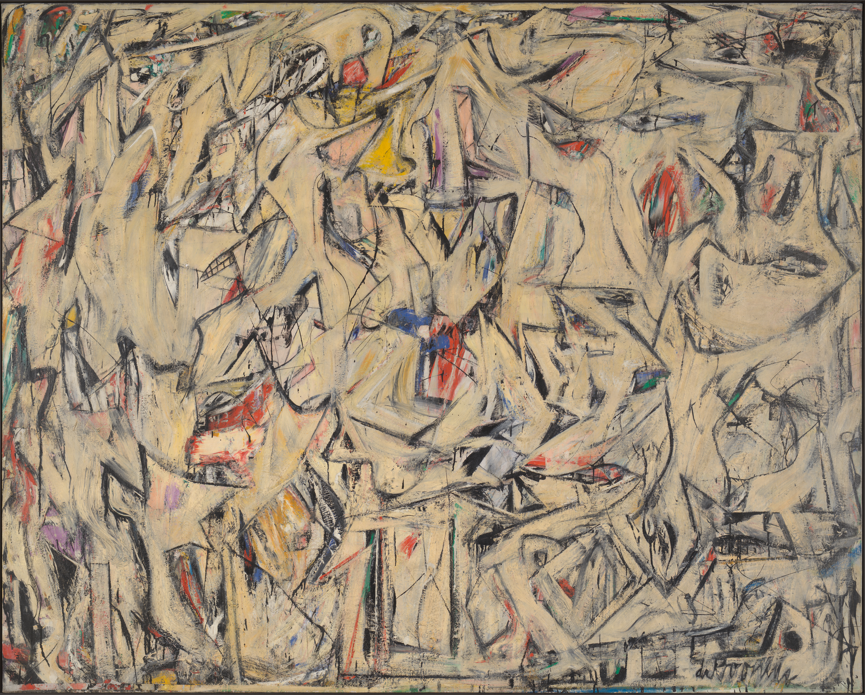 An abstract painting shows a cream background filled with black jagged lines and overlapping angular shapes, with color accents—yellow at top center, blue at center, red at right and lower center, and small green touches at top right and bottom left.