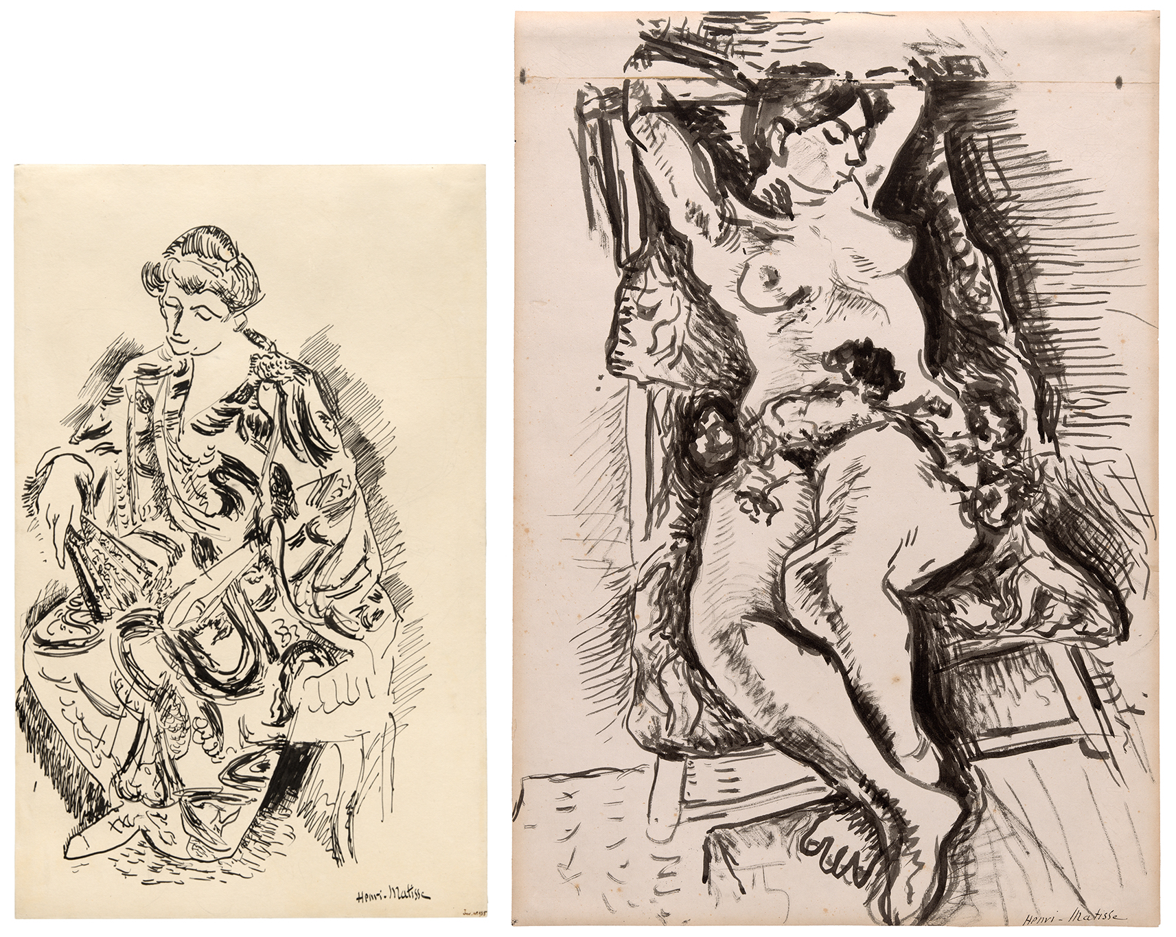 Two black-on-white drawings appear side by side, with the right sheet larger than the left. On the left, a seated adult faces slightly left, wearing a long, patterned robe; one hand holds or rests near a fan on the lap, and the figure sits on a chair with feet angled toward the lower left. On the right, a nude adult reclines in a chair with arms raised overhead and legs crossed at the ankles; patterned cloth surrounds the body, and dark black outlines define the torso, hips, and feet against a light background.