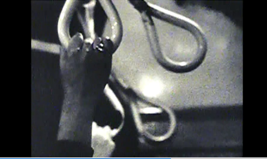 Black-and-white still image showing a close-up of a hand grasping an overhead transit strap on public transportation. The hand, with visible rings on two fingers, is reaching up to hold a teardrop-shaped metal handle, one of several hanging in a row. The background is blurred, with faint reflections suggesting a window or glass surface, creating a moody, atmospheric view of the interior of a train or bus.