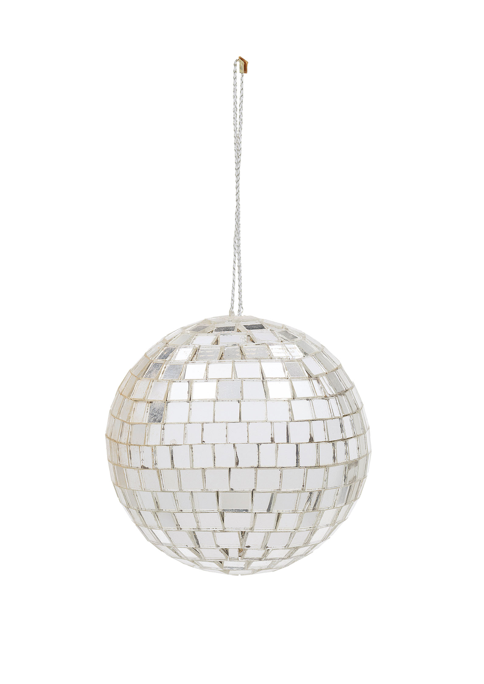A ball that hangs from a silver string loop is covered with rows of small square, yet irregularly sized pieces of mirror.